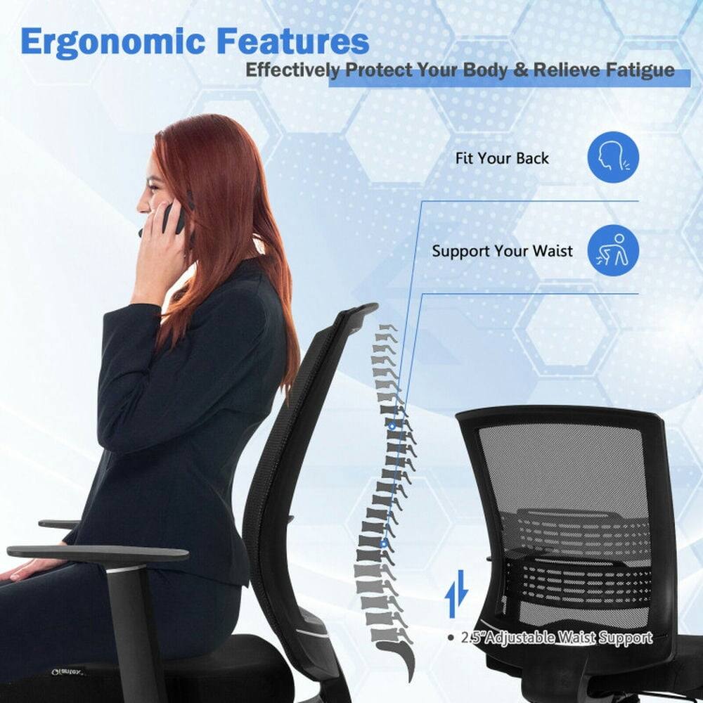 Ergonomic Features  
Effectively Protect Your Body & Relieve Fatigue  

Fit Your Back  
Support Your Waist  

2.5" Adjustable Waist Support