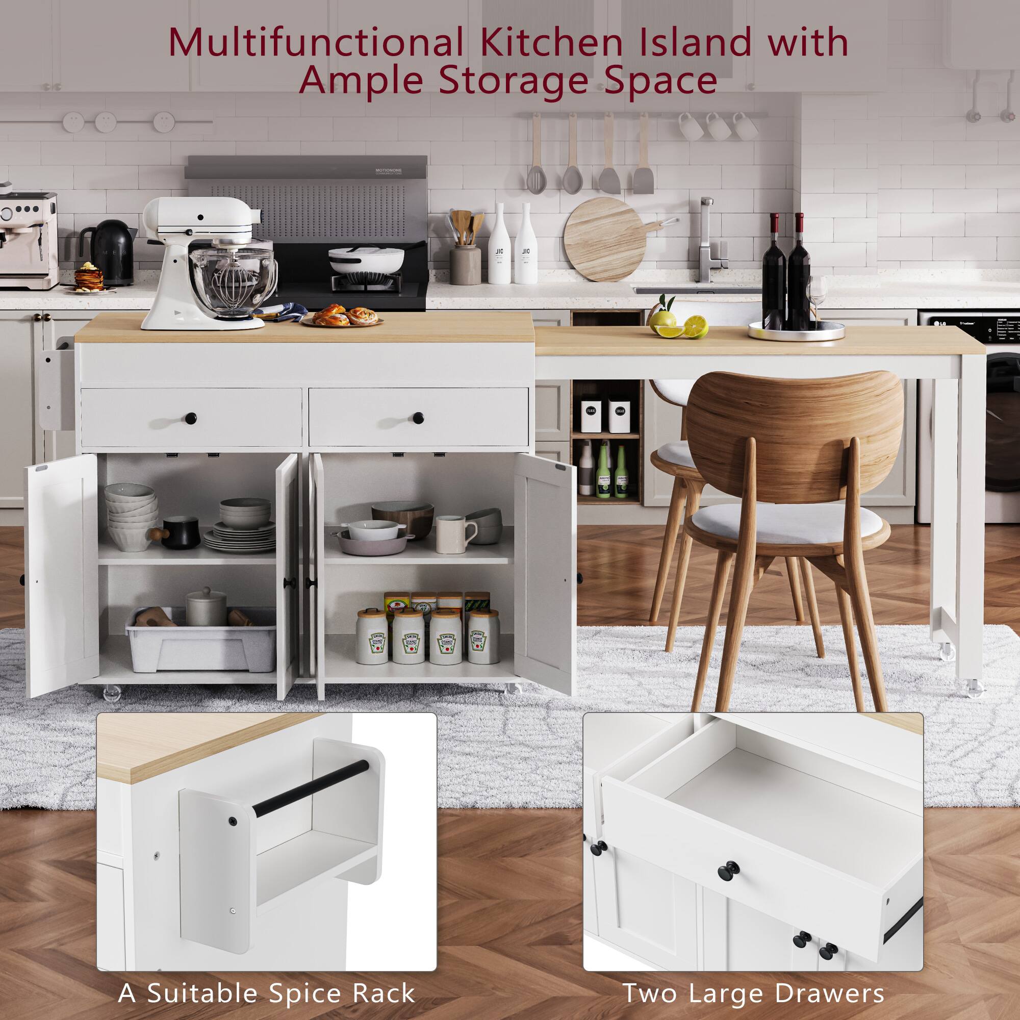 Multifunctional Kitchen Island with Ample Storage Space

A Suitable Spice Rack

Two Large Drawers