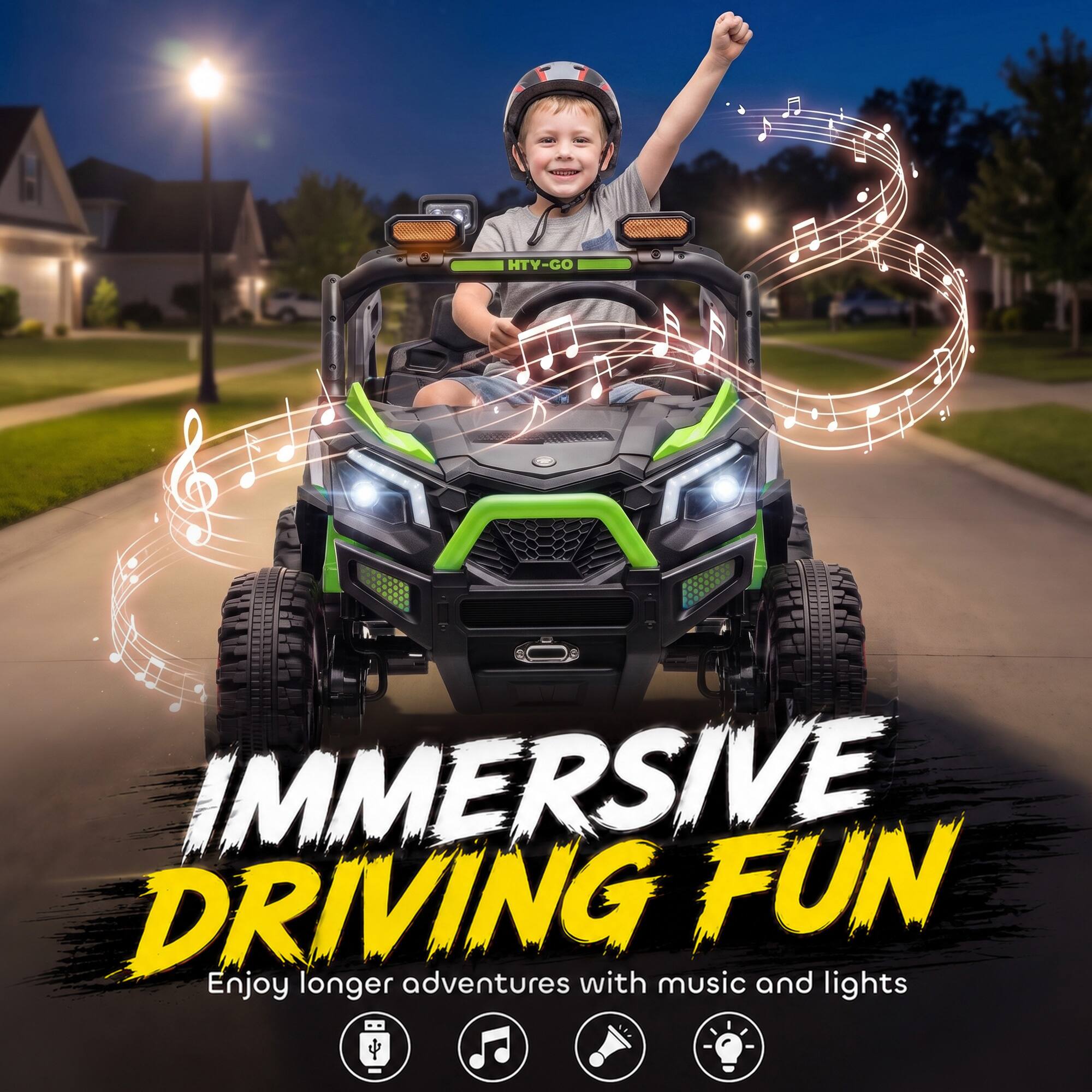 IMMERSIVE FUN DRIVING  
Enjoy longer adventures with music and lights