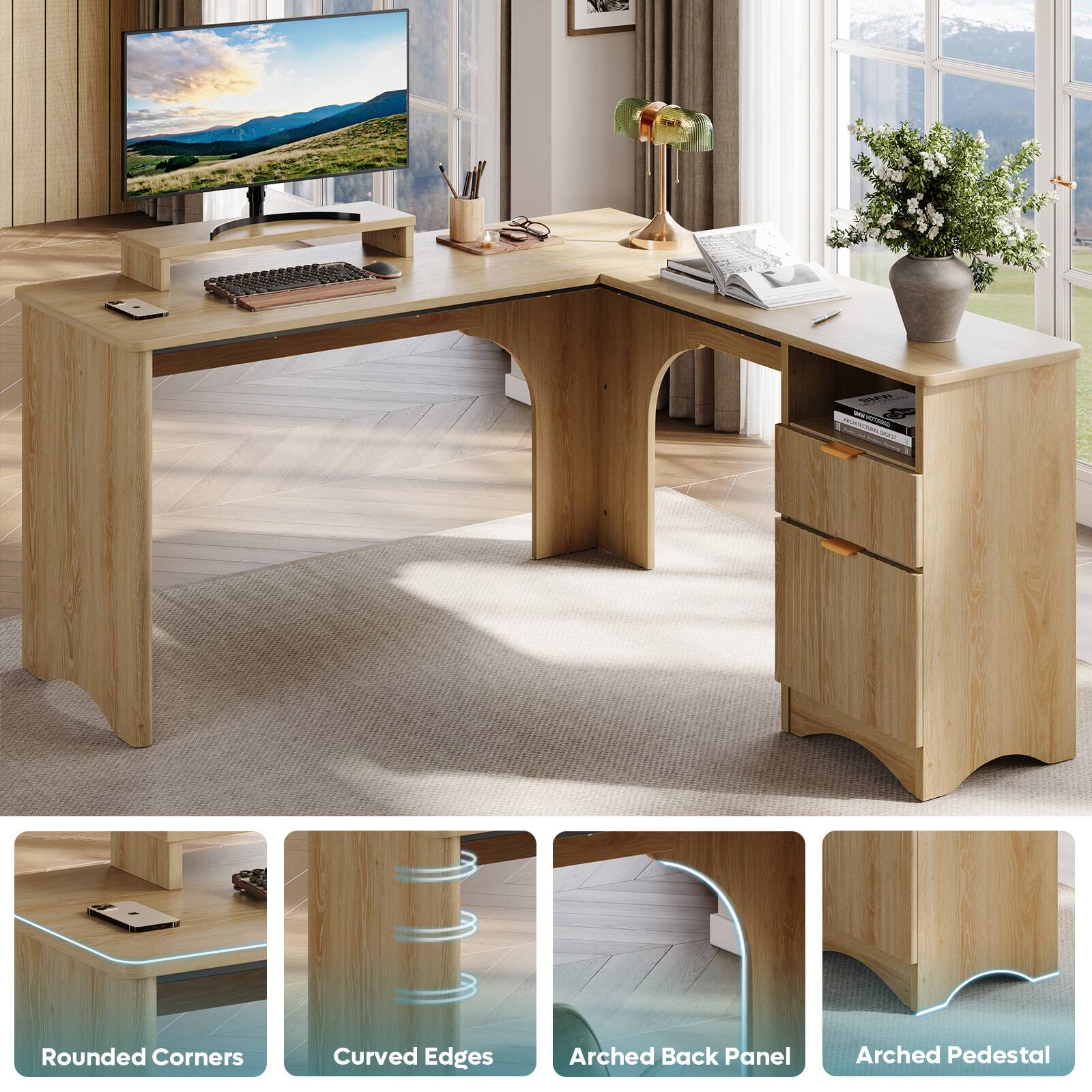 The text on the image reads: "sen - rounded corners - curved edges - arched back panel - arched pedestal."