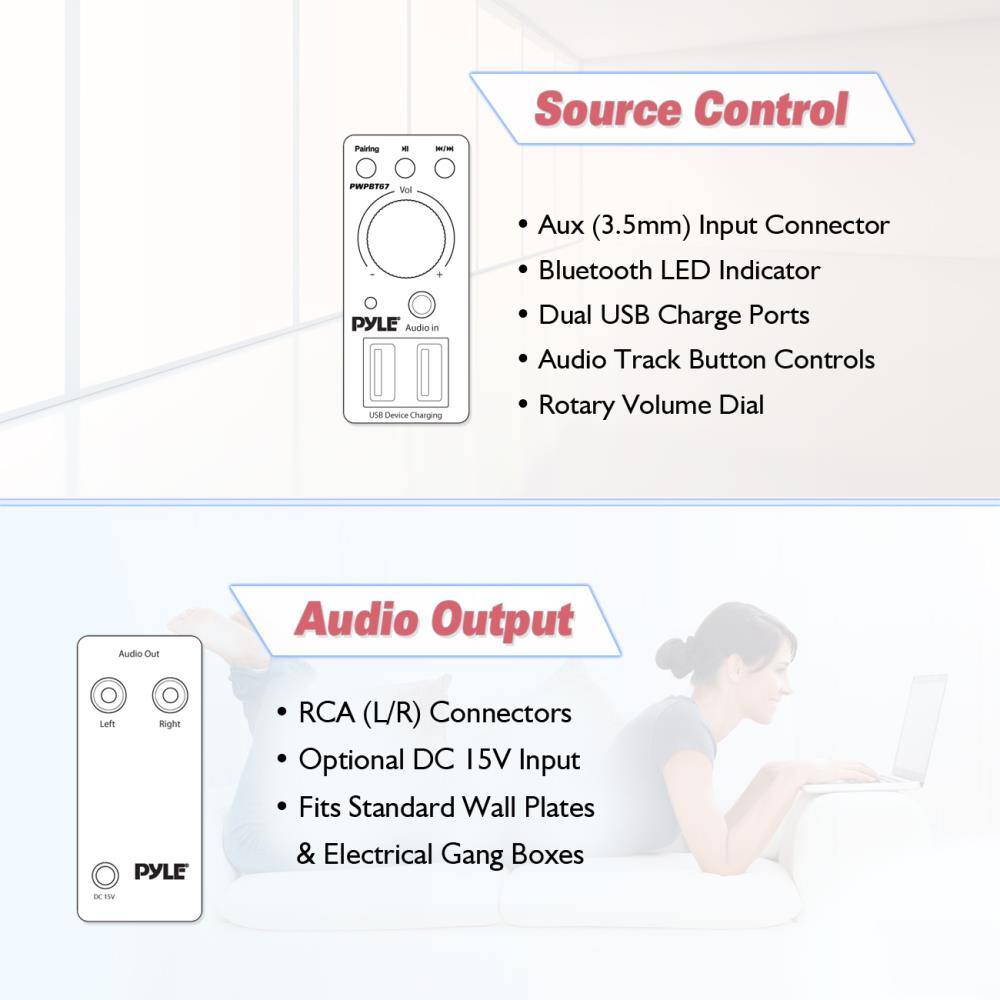 **Source Control**

- Aux (3.5mm) Input Connector
- Bluetooth LED Indicator
- Dual USB Charge Ports
- Audio Track Button Controls
- Rotary Volume Dial

**Audio Output**

- RCA (L/R) Connectors
- Optional DC 15V Input
- Fits Standard Wall Plates & Electrical Gang Boxes