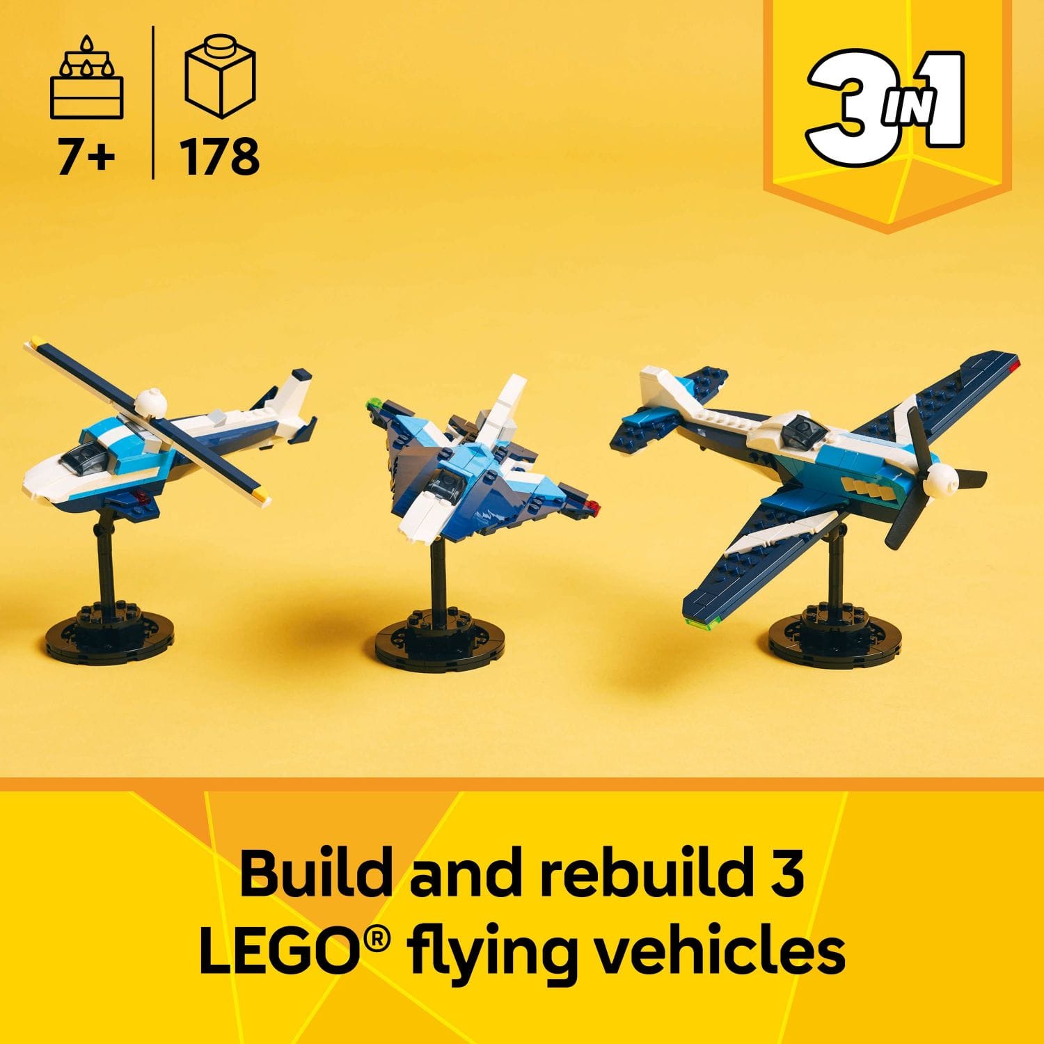 Build and rebuild 3 LEGO flying vehicles.