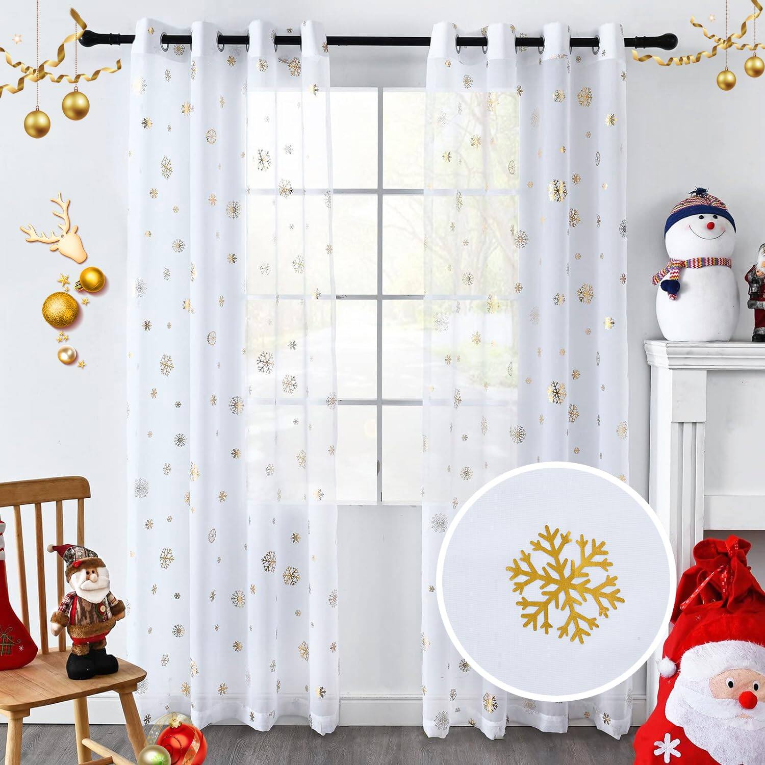 Paradigms Interiors - Snowflake Christmas Sheer Curtains Luxury Foil Print Voile Metallic Bronzing Pair For Holiday Window Decora - Snow/White-52"W x 72"L (Pack of 2)