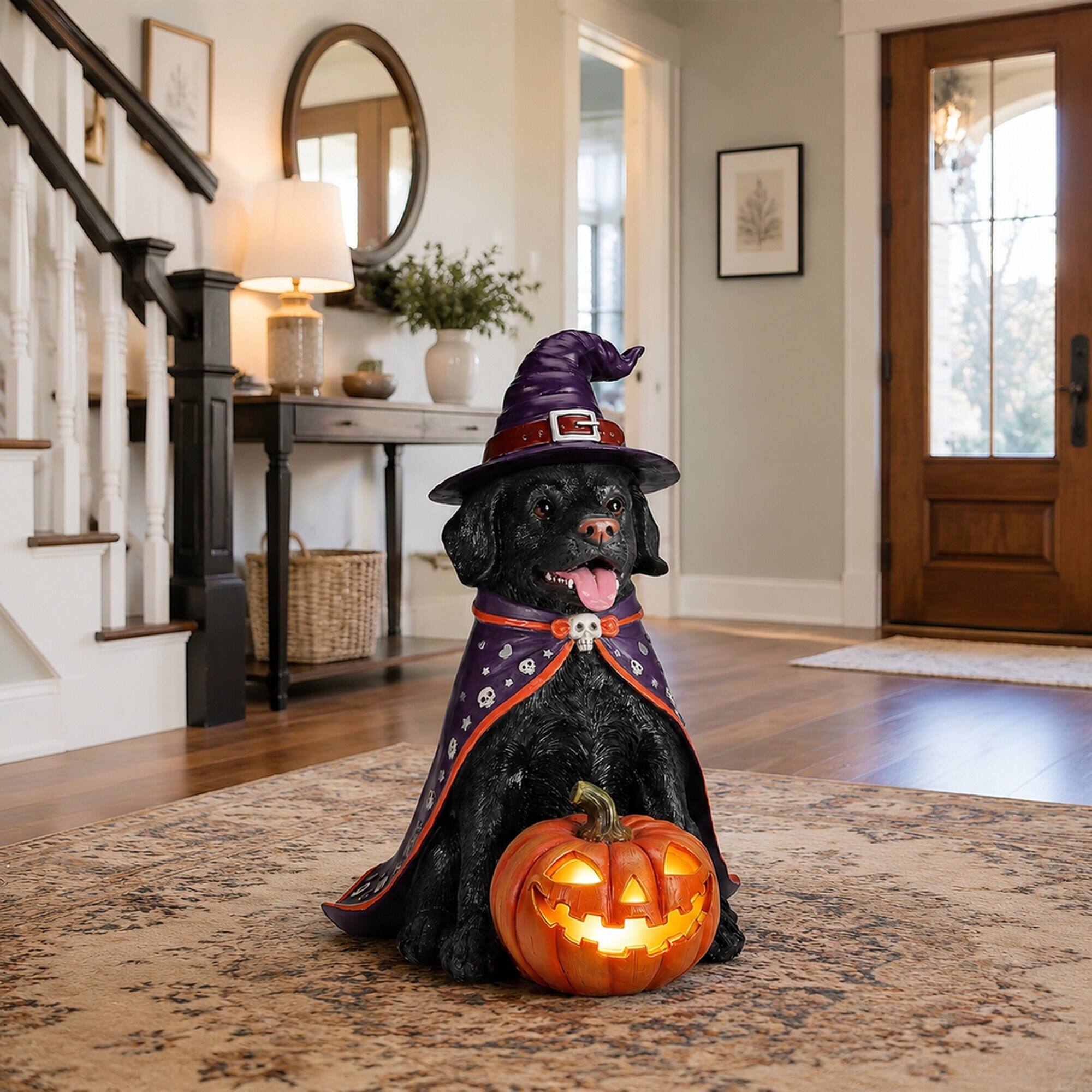 Alt View 1. RYHNUYNE - Halloween Black Lab Dog Statue with Witch Hat Cape and Glowing Jack-O-Lantern Pumpkin for Spooky Porch Decor - Black.