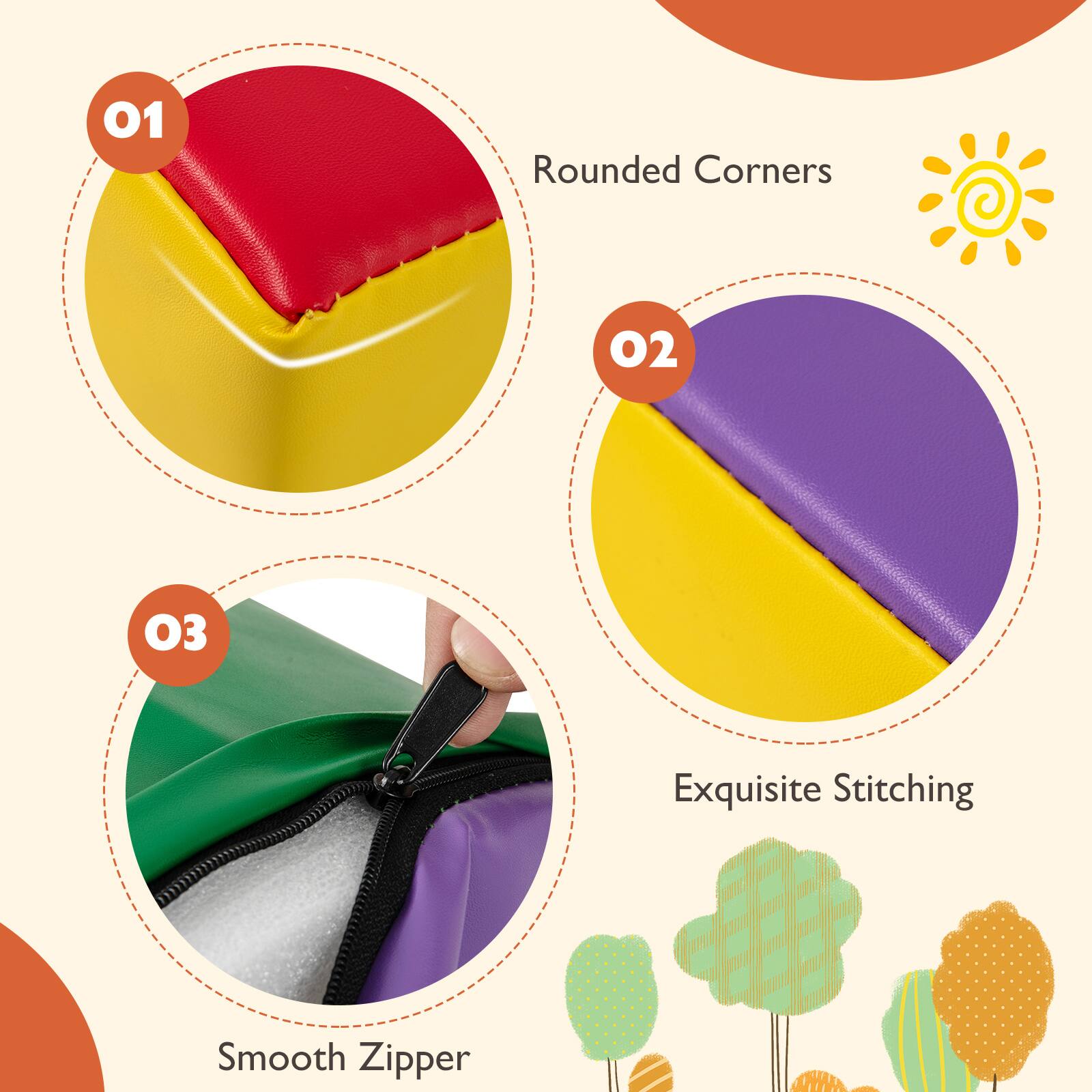 01 Rounded Corners  
02 Exquisite Stitching  
03 Smooth Zipper