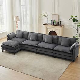 Babevy - Modern Modular Sectional Sofa with Ottoman and Throw Pillows Deep Seat Corduroy L Shaped Couch - Gray