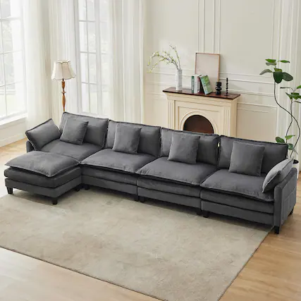 Front. Babevy - Modern Modular Sectional Sofa with Ottoman and Throw Pillows Deep Seat Corduroy L Shaped Couch - Gray.