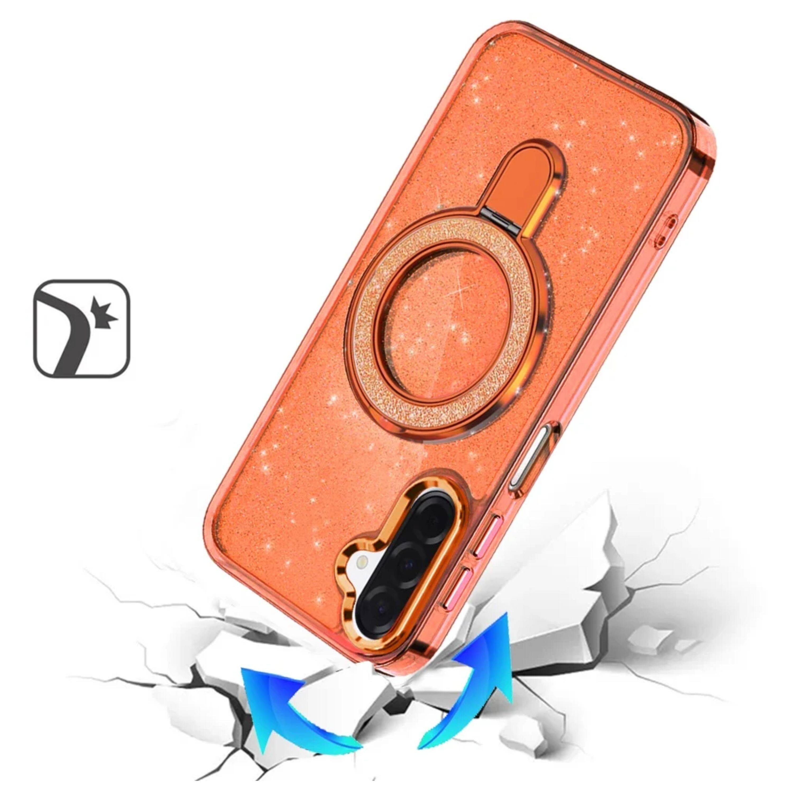 Angle. Kitcheniva - Sparkling Translucent Glitter Magnetic Ring Case With Tempered Glass For Samsung A17 5G Cosmic Orange - Cosmic Orange.