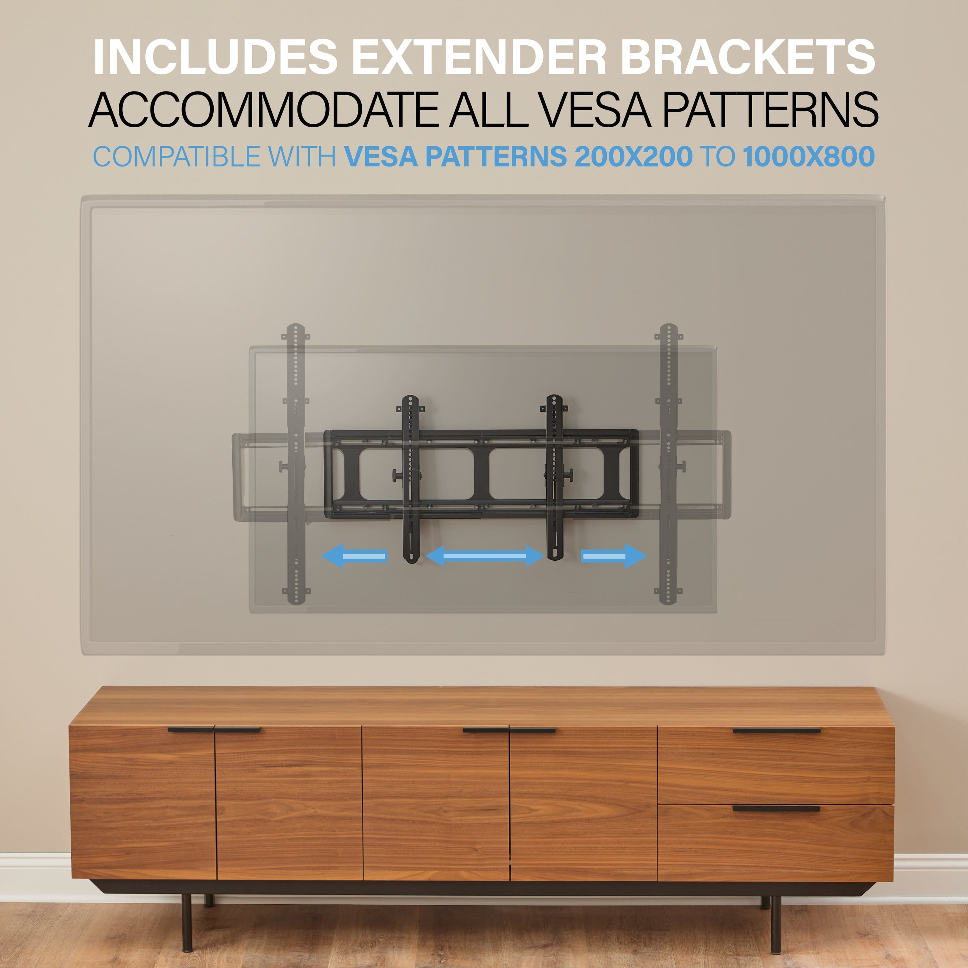 The image features a wooden entertainment center with a flat screen TV mounted on it. The TV is placed on a stand, and the entertainment center is designed to accommodate all VESA patterns, making it compatible with TVs ranging from 200x200 to 1000x800. The image also includes a description of the product, which emphasizes the inclusion of extender brackets to provide additional support and convenience for the TV mounting system.