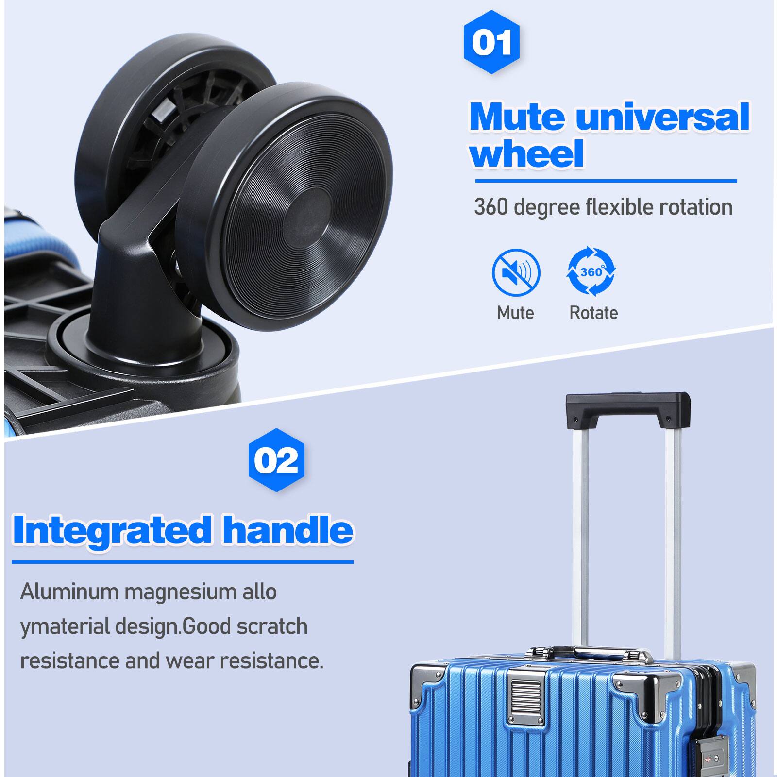 01
Mute universal wheel
360 degree flexible rotation
Mute
Rotate

02
Integrated handle
Aluminum magnesium alloy material design. Good scratch resistance and wear resistance.