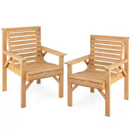 Costway - Set of 2 Patio Fir Wood Chair Dining Inclined Backrest Garden Backyard Indoor - Natural