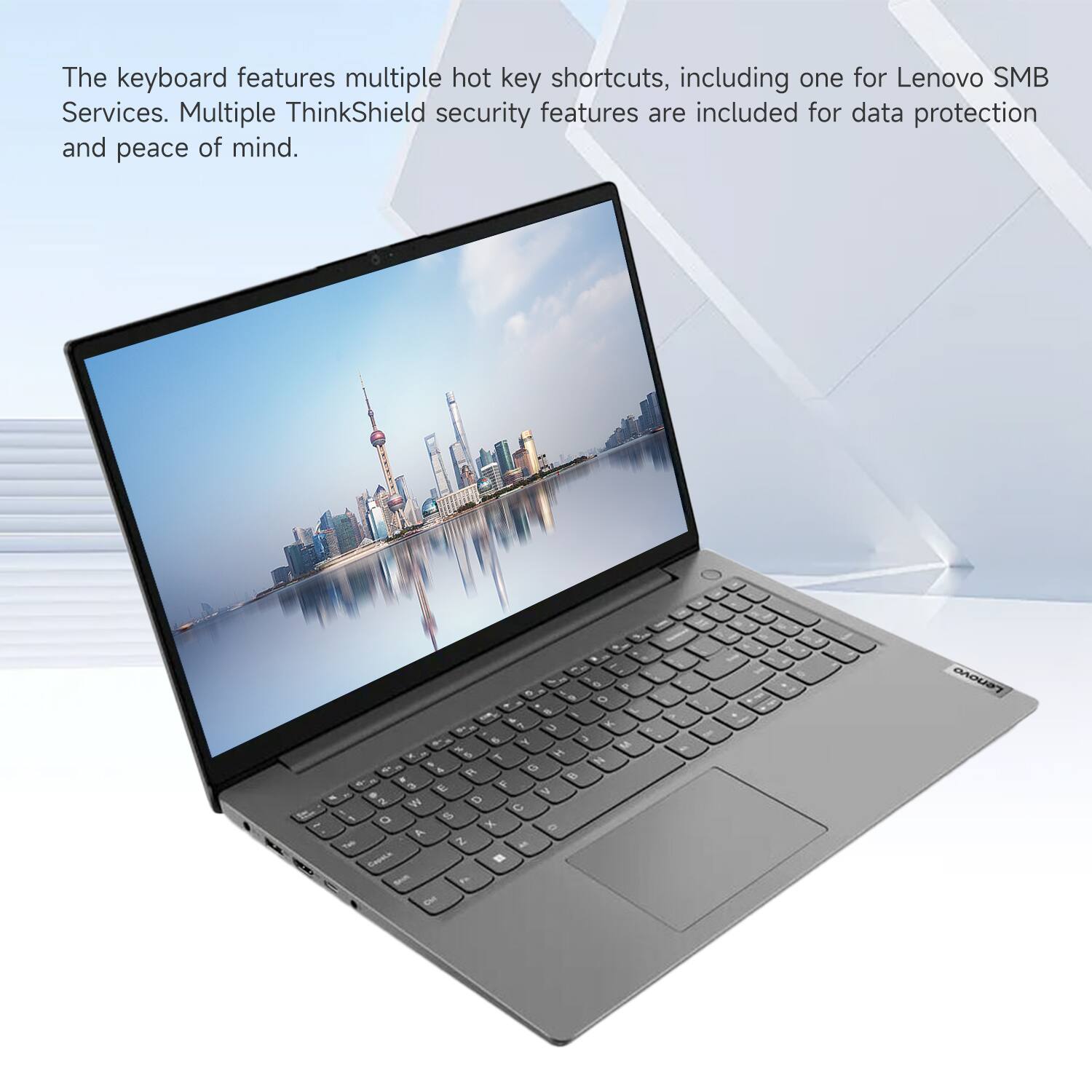 The keyboard features multiple hot key shortcuts, including one for Lenovo SMB Services. Multiple ThinkShield security features are included for data protection and peace of mind.