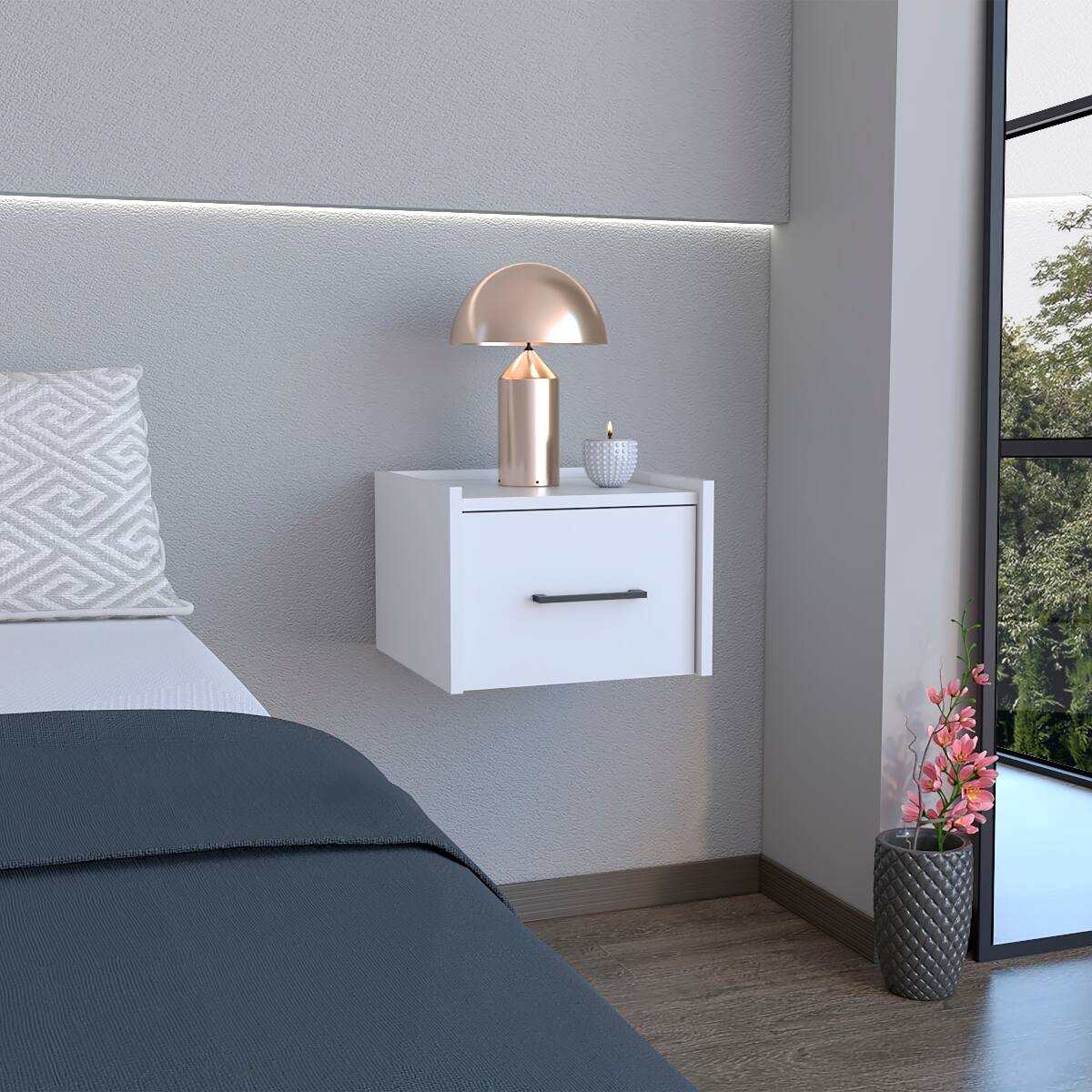 Angle. Loheer - Loheer White Floating Nightstand with Drawer, Wall Mounted Space Saving Bedside Table - White.