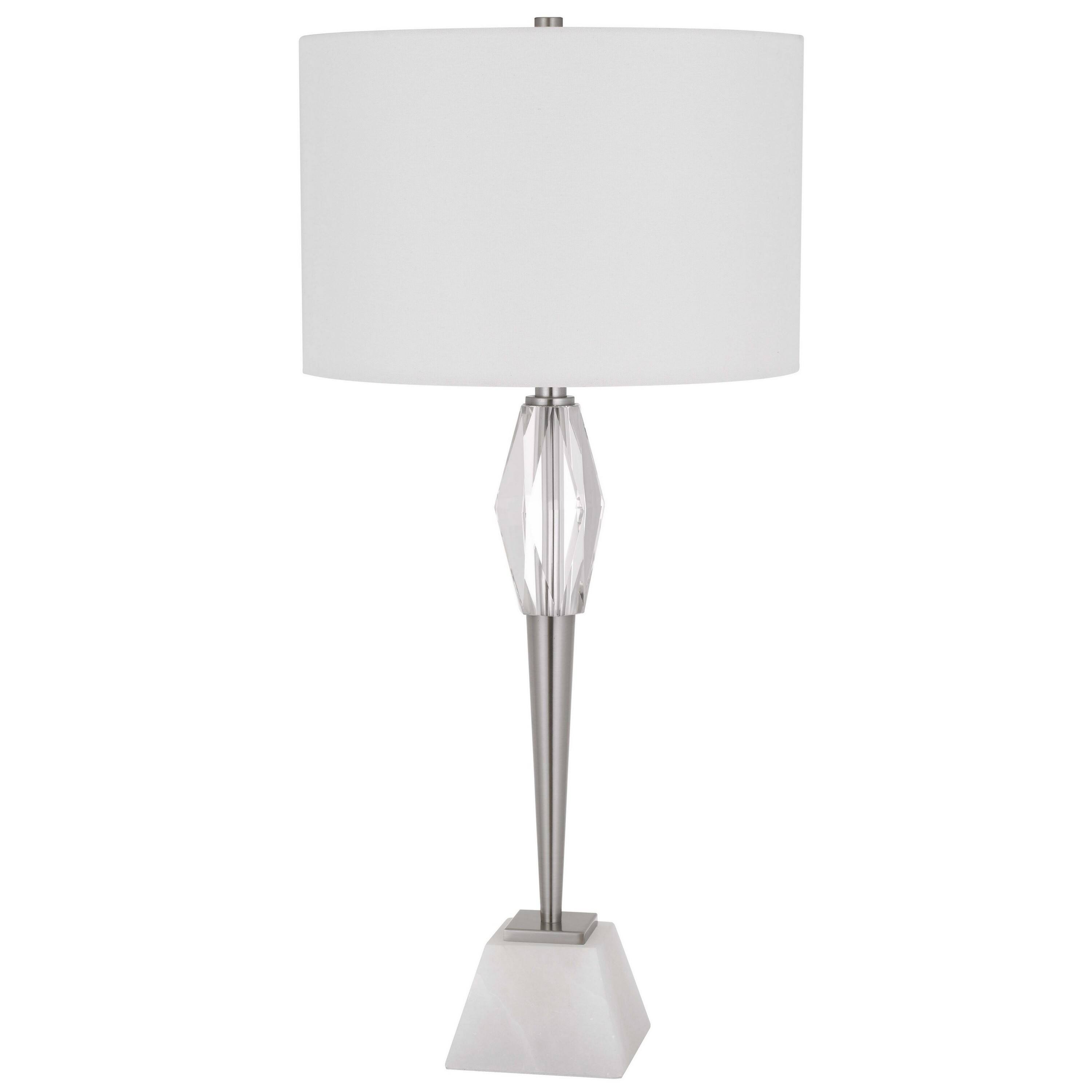 Front. Manhattan Lane - 32 Inch Table Lamp with Drum Shade, Marble Base, Brushed Steel - Chrome, White.