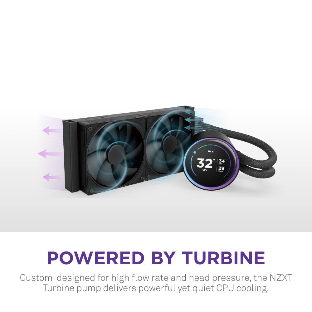 Powered by Turbine Custom-designed for high flow rate and head pressure, the NZXT Turbine pump delivers powerful yet quiet CPU cooling.