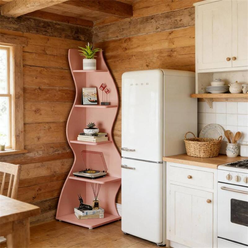 Angle. HTUTWOO - Wall Corner Bookcase - 5-Tier Wood Corner Shelf, 70.53" Tall, Display Storage Rack with Snap Setup for Small Spaces - Pink.