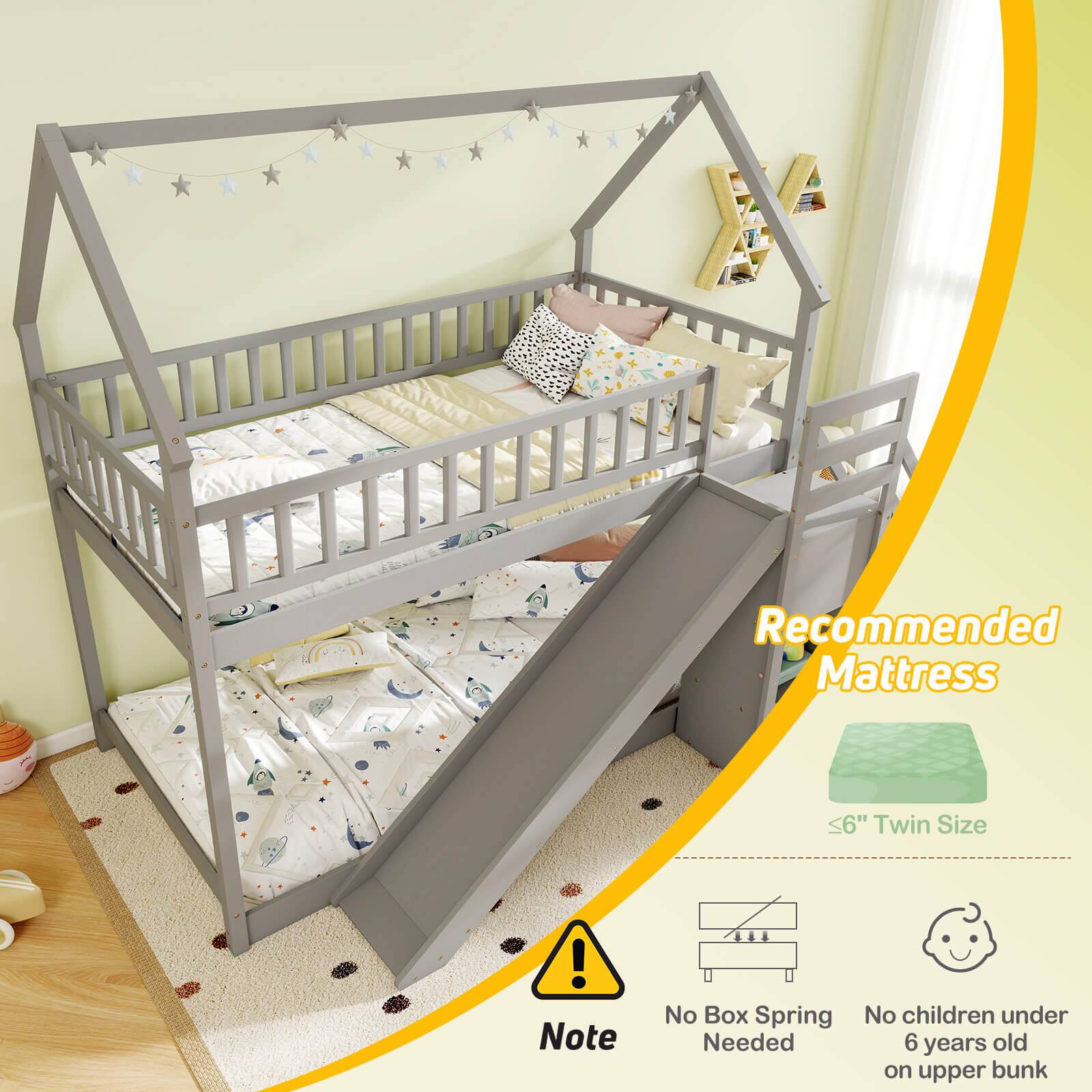Recommended Mattress <6" Twin Size! Note: No Box Spring Needed. No children under 6 years old on upper bunk.