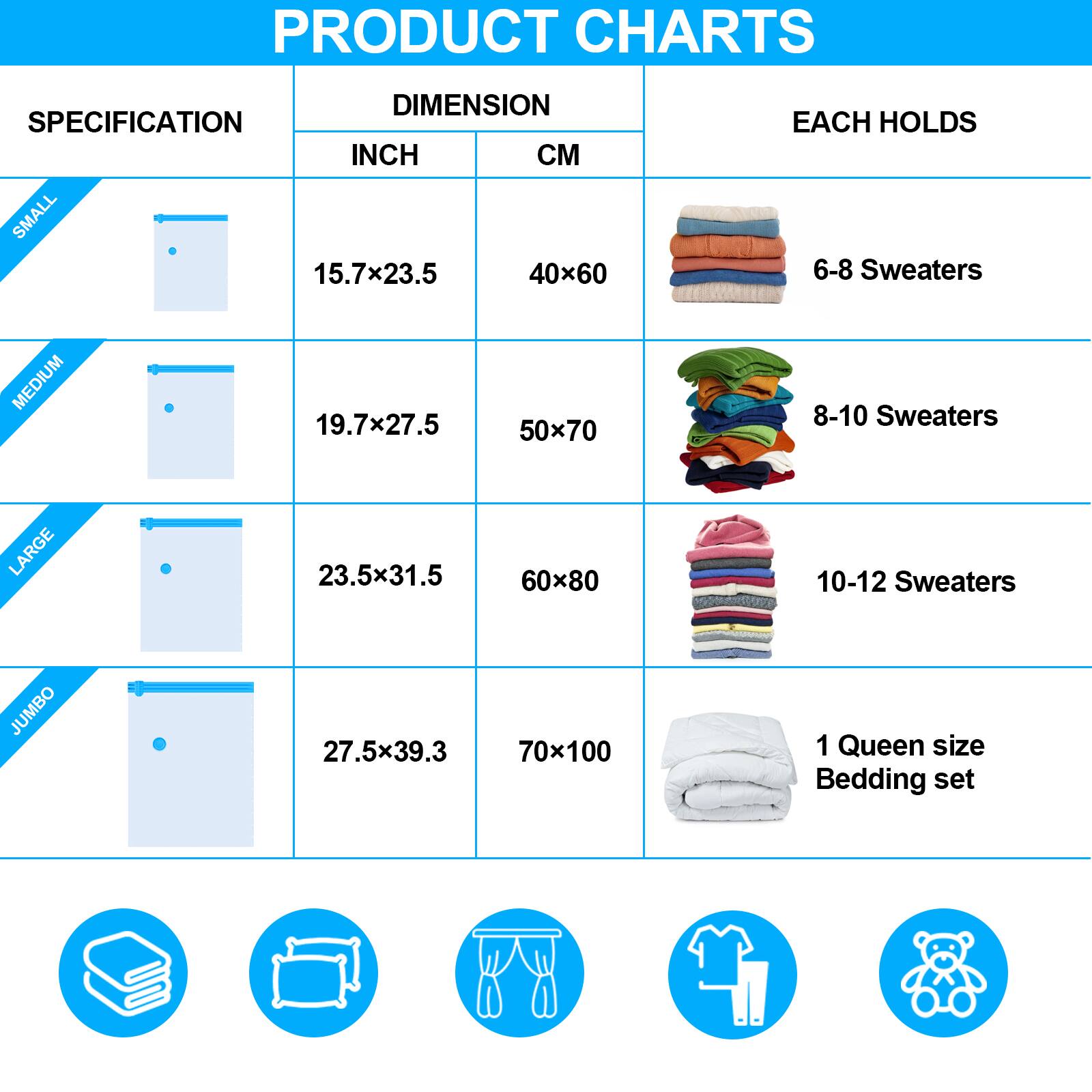 PRODUCT CHARTS

SPECIFICATION | DIMENSION | EACH HOLDS
--- | --- | ---
INCH | CM | 
SMALL | 15.7x23.5 | 40x60 | 6-8 Sweaters
MEDIUM | 19.7x27.5 | 50x70 | 8-10 Sweaters
LARGE | 23.5x31.5 | 60x80 | 10-12 Sweaters
JUMBO | 27.5x39.3 | 70x100 | 1 Queen size Bedding set