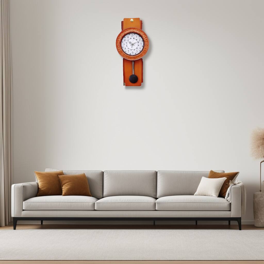 Angle. FC Design - 20.5"W Orange-Brown Wristwatch-Shaped Modern Pendulum Wall Clock - Multicolor.