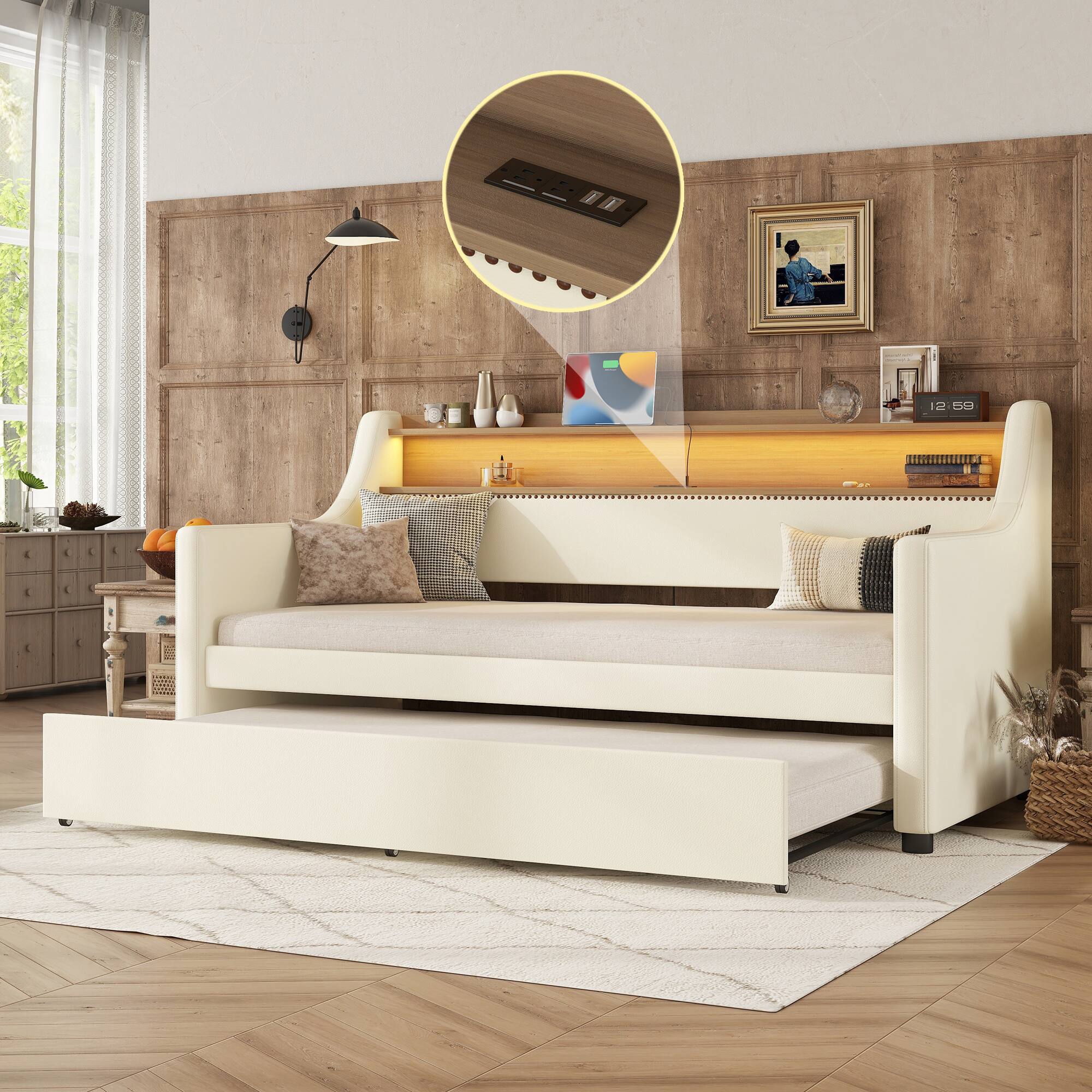 Front. Tiramisubest - Twin Size Daybed with Trundle, Upholstered Daybed with Charging Station and LED Lights, White - White.