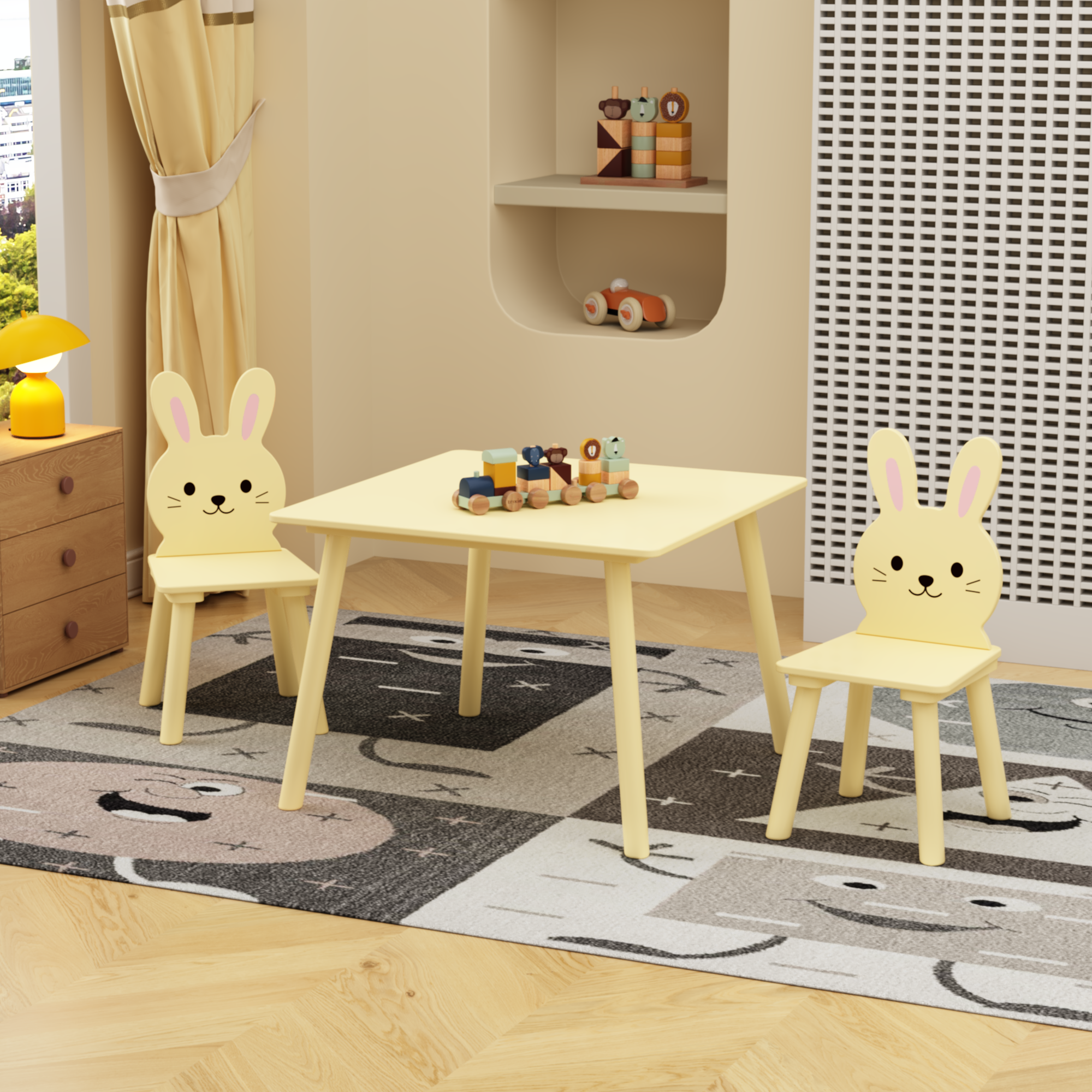 Alt View 1. Tiramisubest - Kids Table Set with 2 Bunny Chairs,Children's Wooden Activity Table for Toddlers,Cute Animal Design Study Play Set - Yellow.