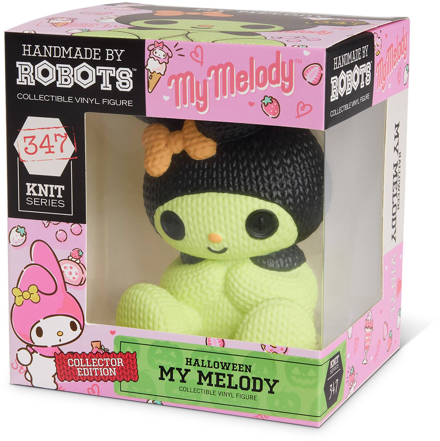 HANDMADE BY ROBOTS  
COLLECTIBLE VINYL FIGURE  

My Melody  

347  
KNIT SERIES  

COLLECTOR EDITION  

HALLOWEEN MY MELODY  
COLLECTIBLE VINYL FIGURE