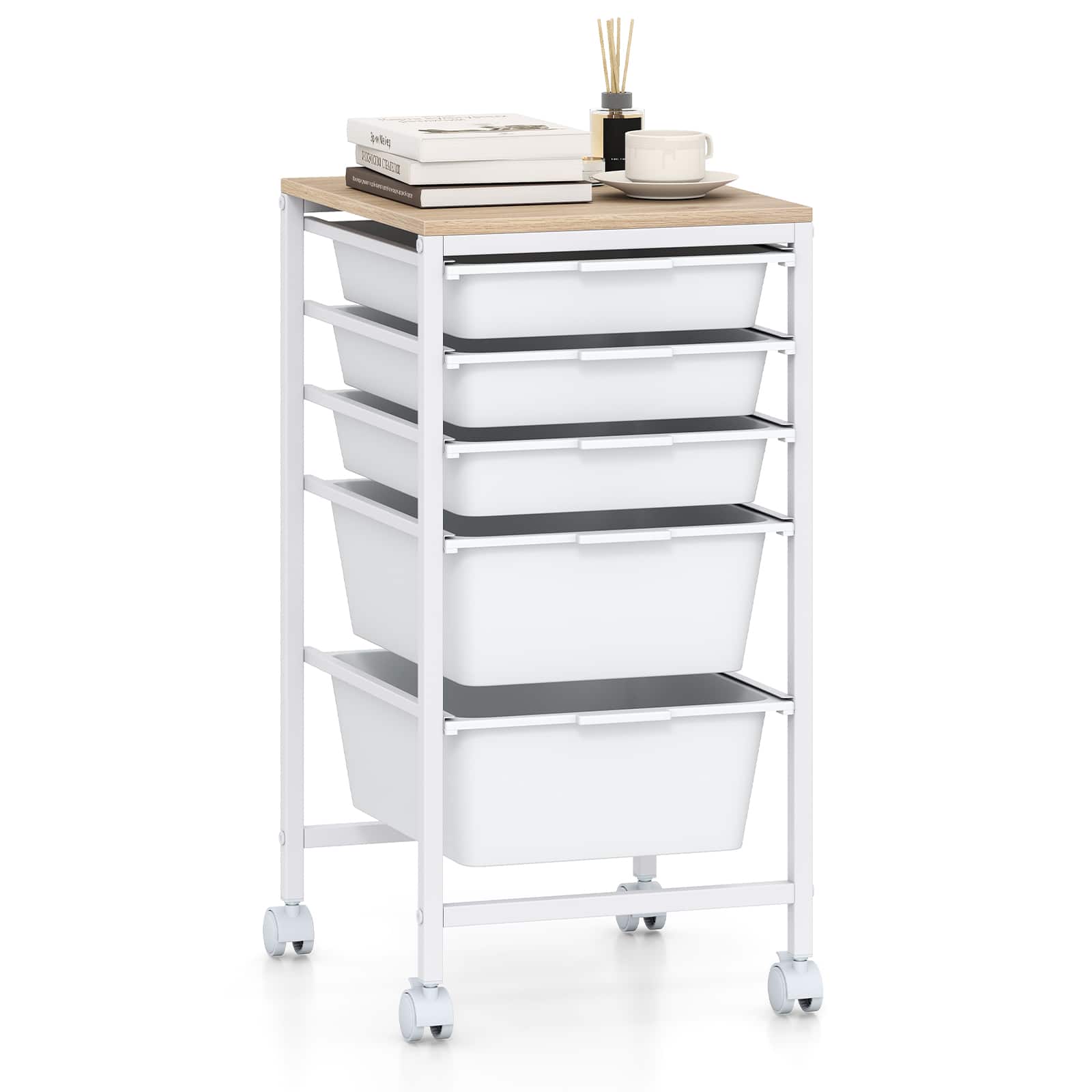 Costway - 5-Drawer Arts Rolling Storage Cart with Wooden Tabletop & Lockable Wheels for Office - Natural + White