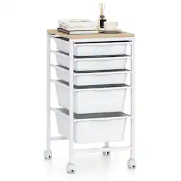 Costway - 5-Drawer Arts Rolling Storage Cart with Wooden Tabletop & Lockable Wheels for Office - Natural + White