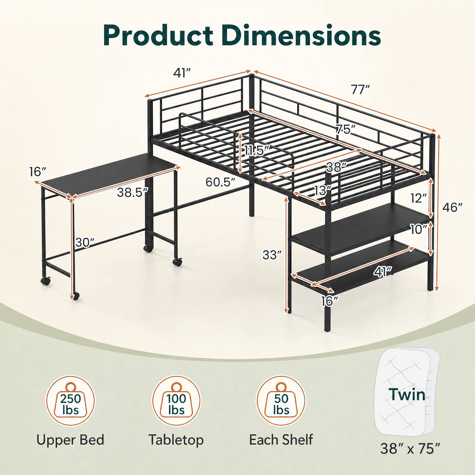 Product Dimensions

- 41"
- 77"
- 7.5"
- 16"
- 38.5"
- 11.5"
- 60.5"
- 38"
- 13"
- 12"
- 46"
- 30"
- 33"
- 41"
- 10"
- 16"

Weight Capacity

- Upper Bed: 250 lbs
- Tabletop: 100 lbs
- Each Shelf: 50 lbs

Bed Size

- Twin
- 38" x 75"