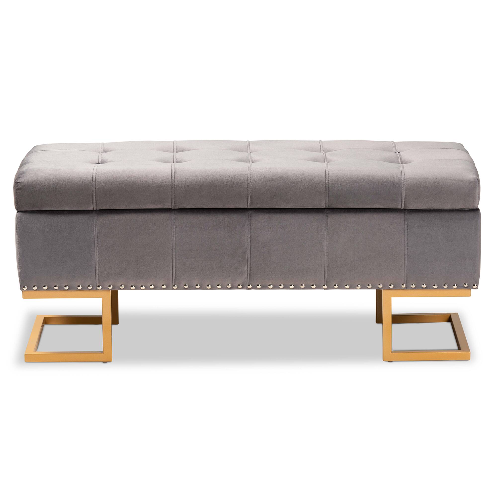 Left. Baxton Studio - Ellery Luxe and Glam Velvet Fabric Upholstered and Gold Finished Metal Storage Ottoman - Grey/Gold.