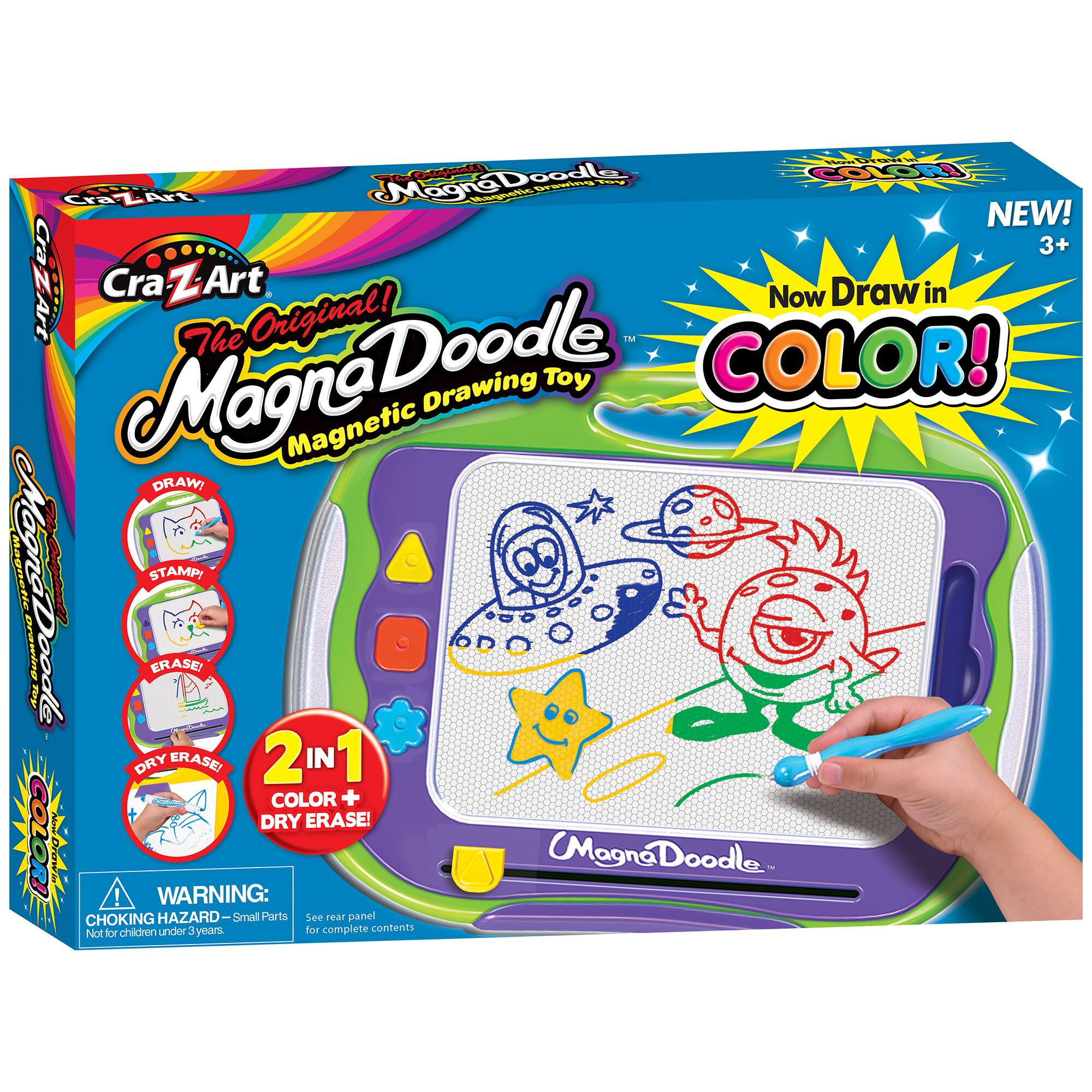 CraZArt MagnaDoodle Color! Drawing Toy: 2 in 1 Color + Dry Erase! The Original Magnetic Drawing Toy! MagnaDoodle is the original magnetic drawing toy that lets you draw with magnetic stamps and erase with a dry erase marker. It's perfect for kids and adults alike, and it's now available in a new color! The set includes a magnetic drawing board, 20 magnetic stamps, and a dry erase marker.