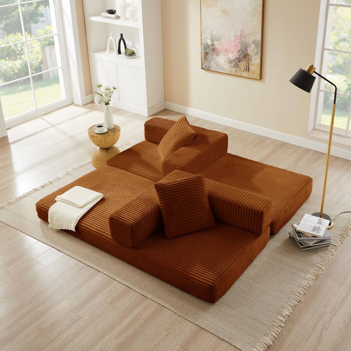 Alt View 4. Meqiodas - 81''Convertible Sofa Bed, Folding Floor Couch with Square Armrest, Comfy Sleeper Mattress for Living Room - Orange.