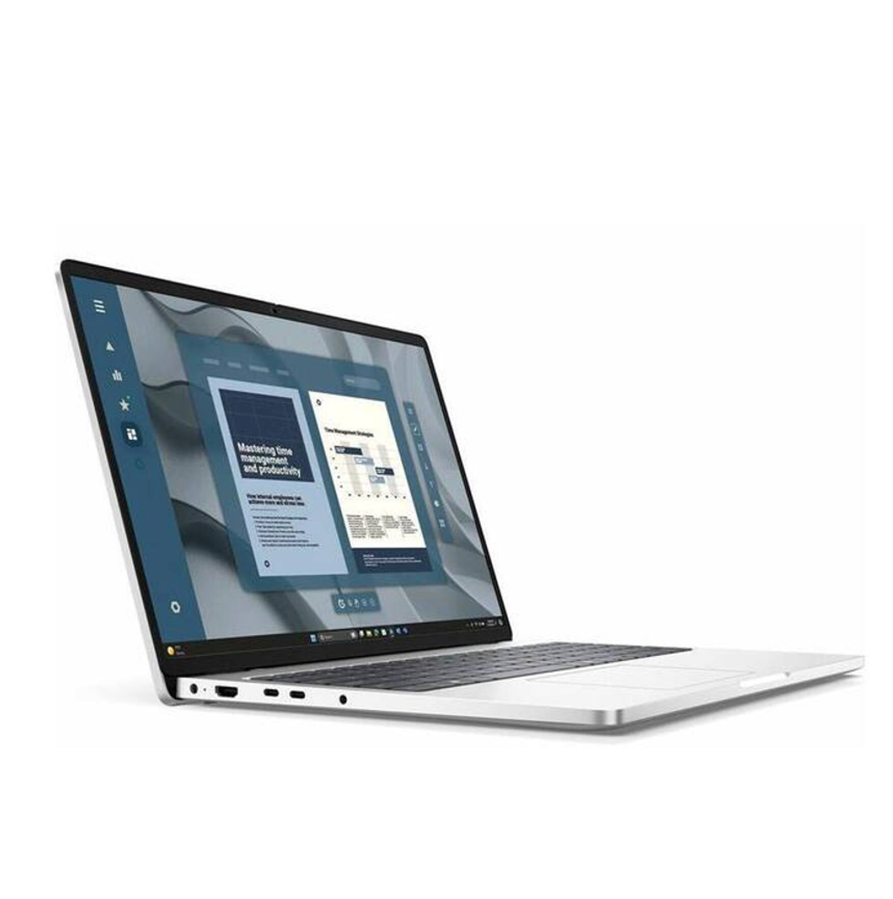 A digital poster on a laptop screen reads: "Mastering time management and productivity."