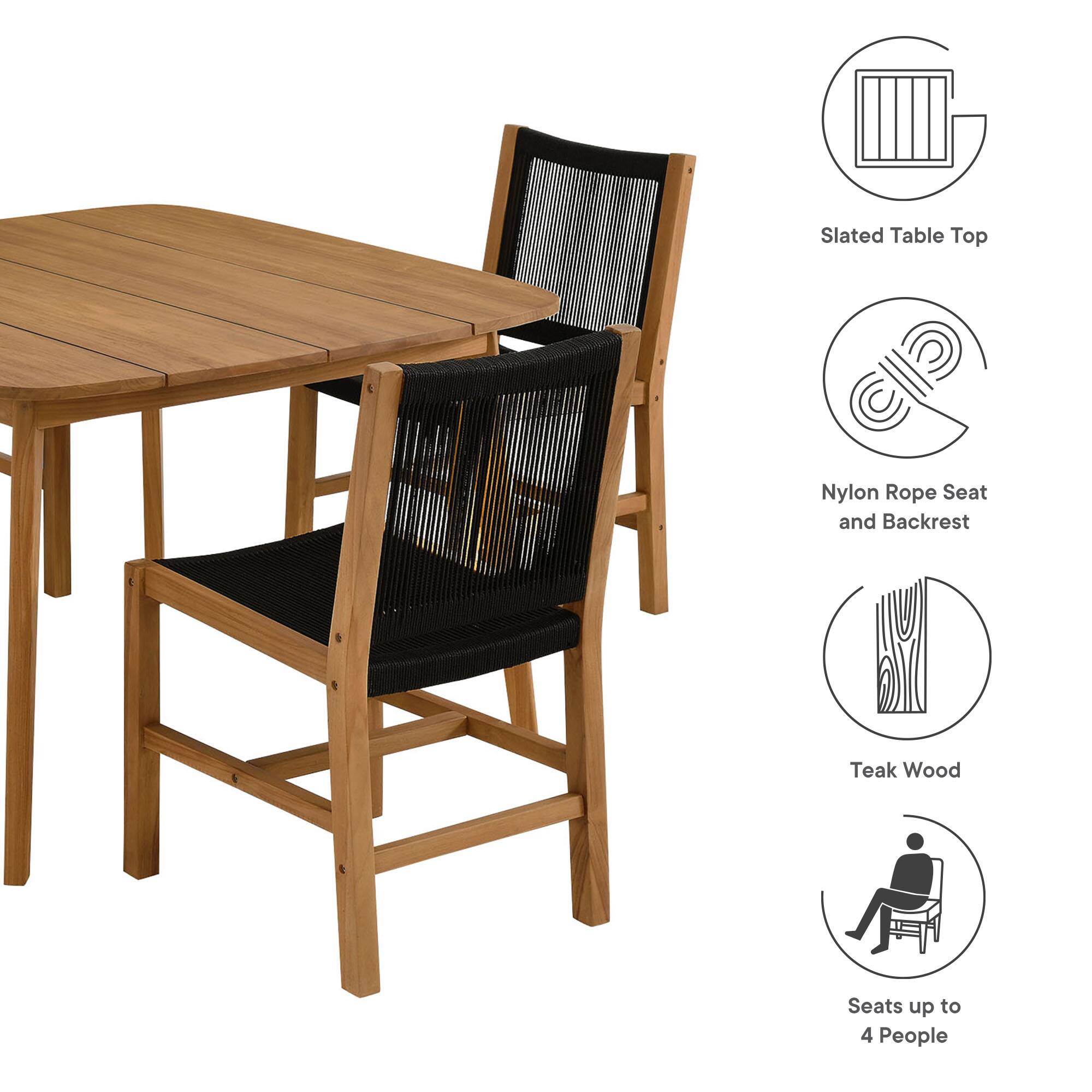 - Slated Table Top
- Nylon Rope Seat and Backrest
- Teak Wood
- Seats up to 4 People