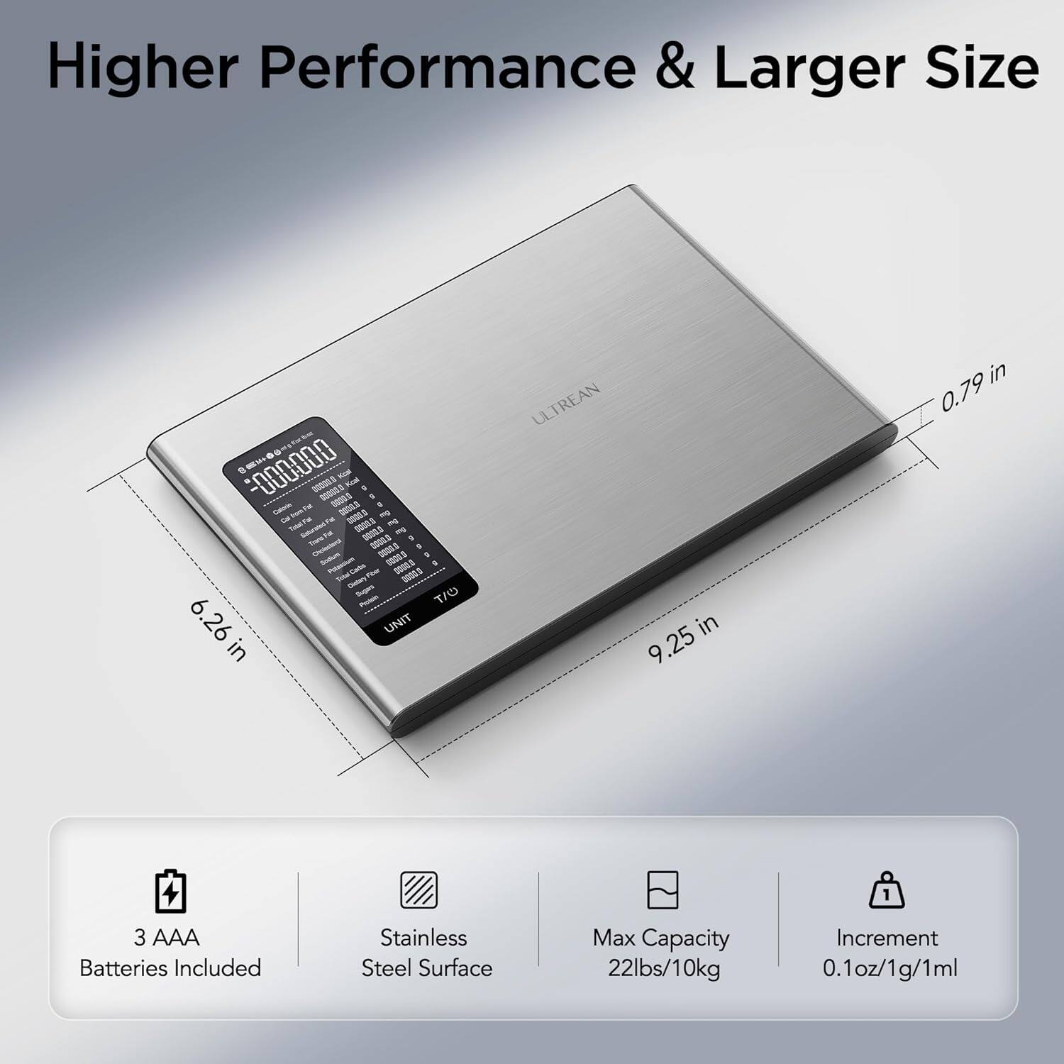 Higher Performance & Larger Size

- ULTREAN
- 0.79 in
- 6.26 in
- 9.25 in

- 3 AAA Batteries Included
- Stainless Steel Surface
- Max Capacity 22lbs/10kg
- Increment 0.1oz/1g/1ml