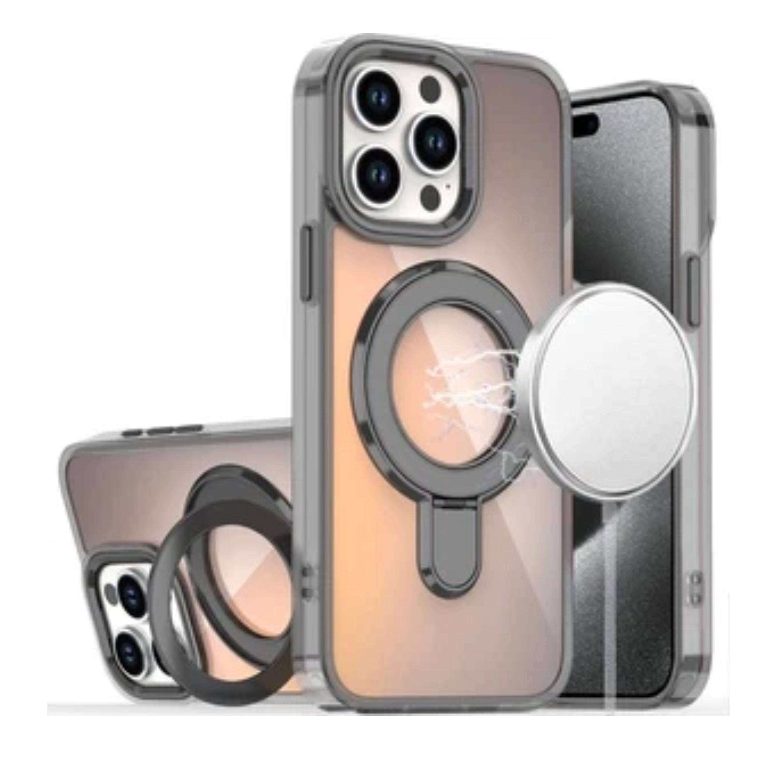 Angle. Kitcheniva - Radiant Chrome Magnet Circle Stand Phone Case With 2 Pcs Tempered Glass For iPhone 15 Pro Max Black - Black.