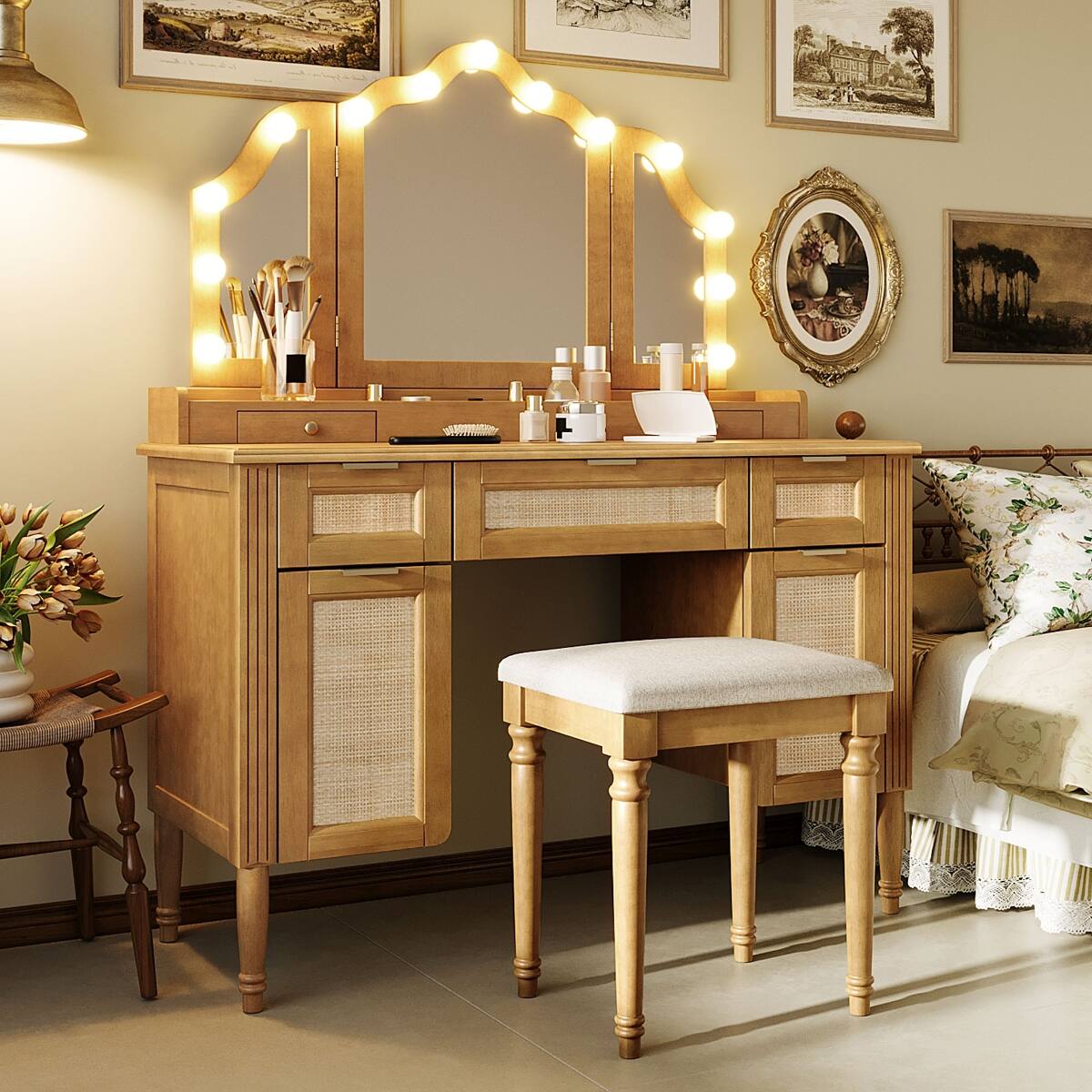 Angle. Loheer - Loheer Makeup Vanity Desk with Mirror and Stool, Natural Finish, Hollywood Lighting and Storage - Natural.