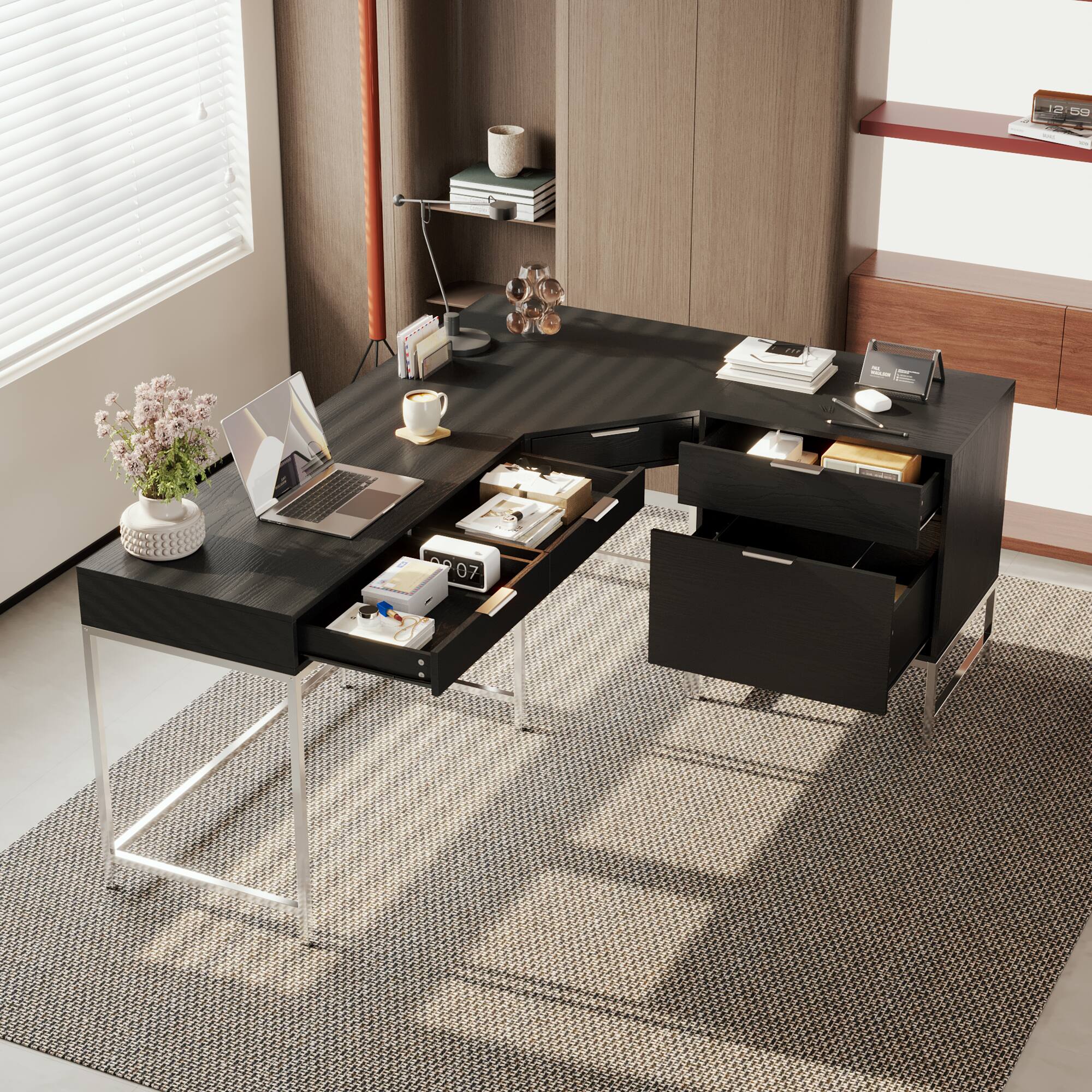 Back. Famapy - Famapy Modern L - Shaped Office Desk: Spacious, Stylish & Organized Workstation - Black.