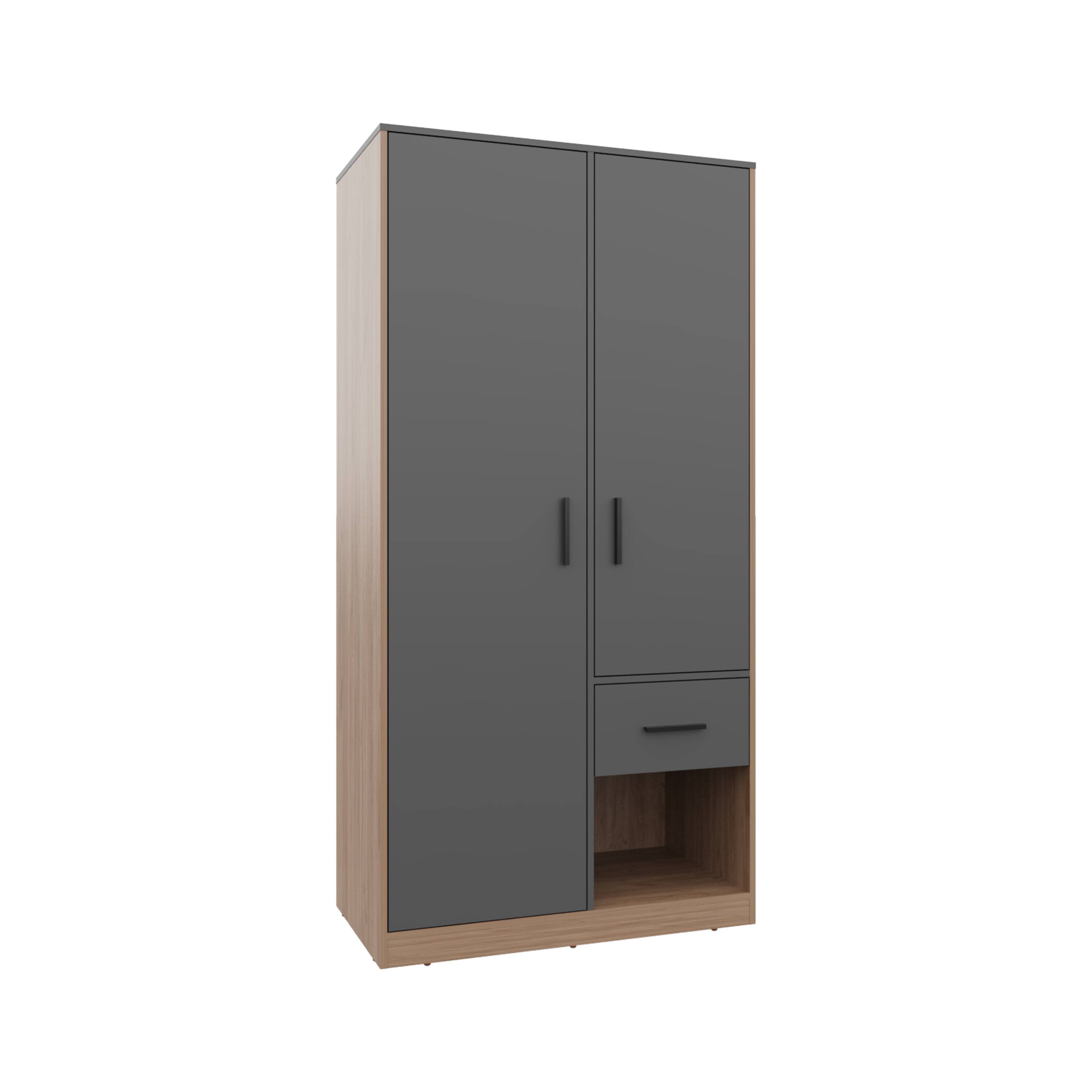 Alt View 1. TuHome - Alder 2-Door One Drawer Amoire With 2 Cabinets, Two Hanging Rods And Four Shelves - Matt Gray - Natural Oak.