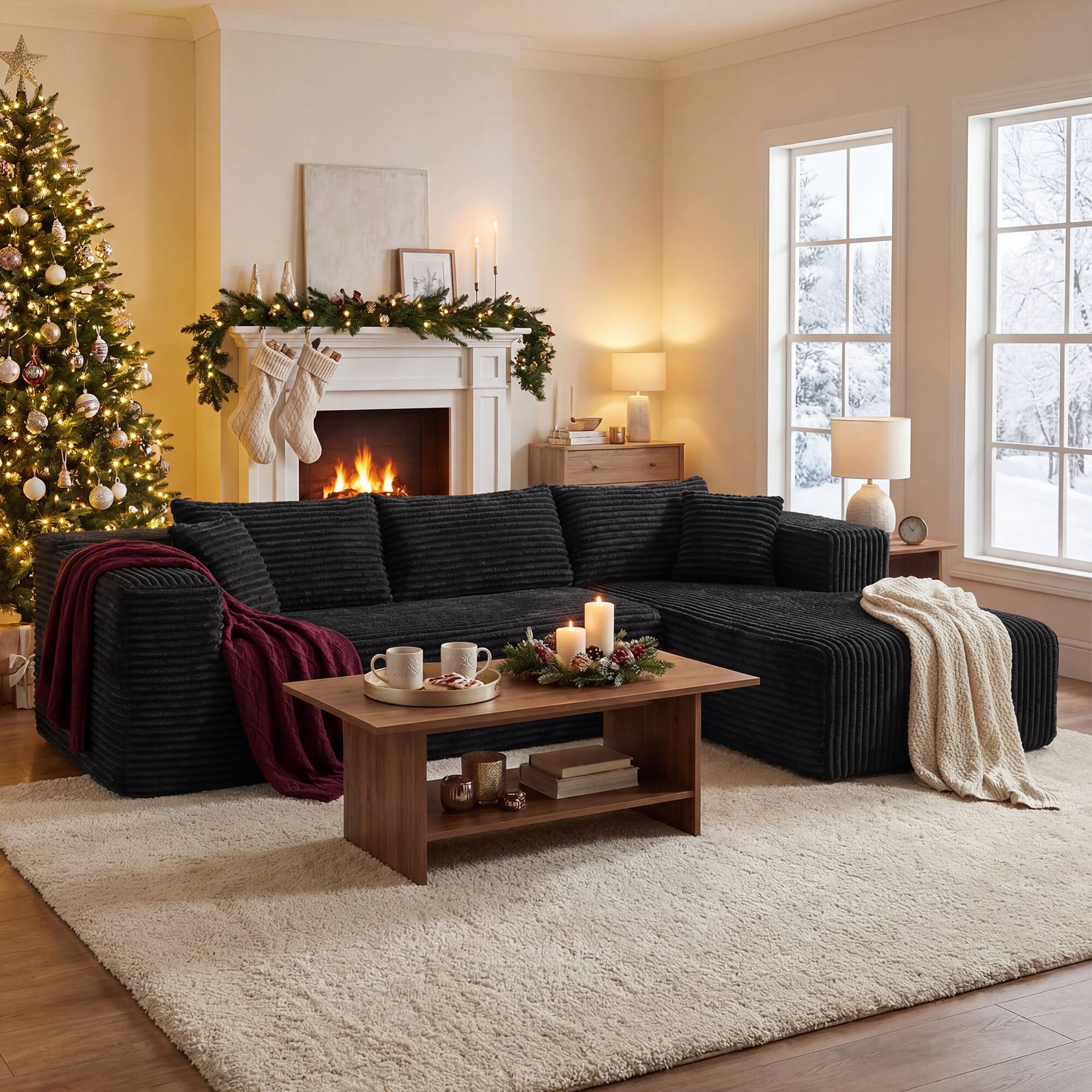 Left. FUFU & GAGA - Modular Corduroy L-Shaped Sectional Sofa with Chaise, High-Density Rebound Sponge Cushions Tool-Free Assembly - Black.