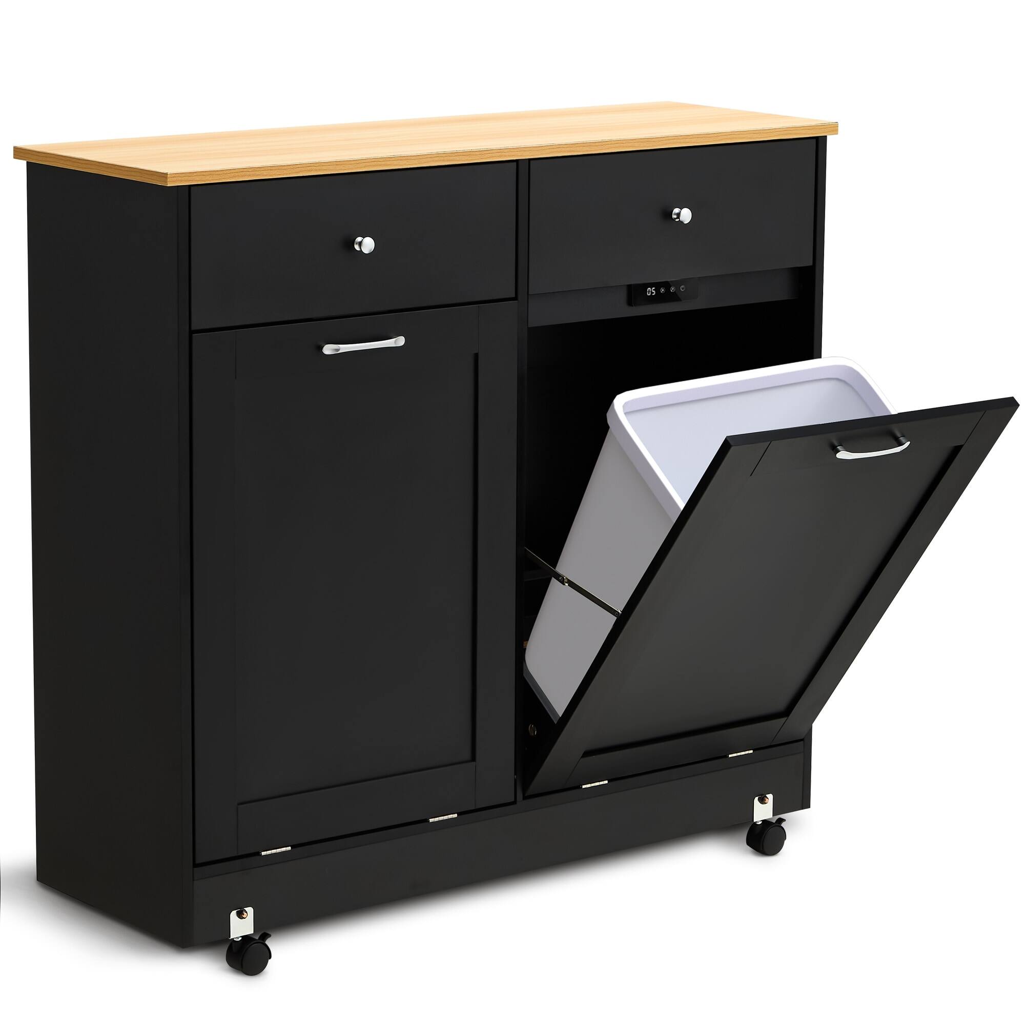 Alt View 5. U-HOMY - 10-Gallon Double Tilt-Out Trash Cabinet with Wheels and Drawers, Wooden Rolling Trash Bin Storage Organizer.