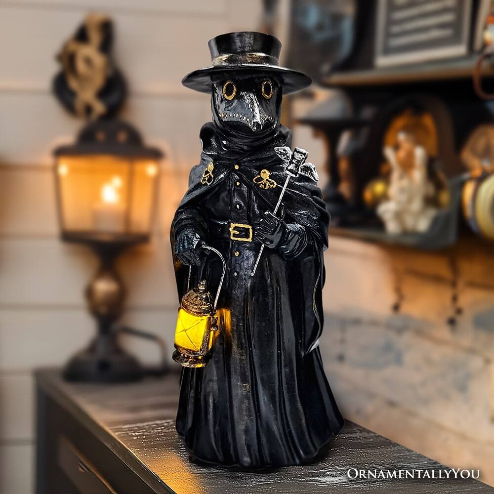 Back. OrnamentallyYou - Plague Doctor Creepy Home Figurine, 8" LED Haunted Halloween House Statue - Black.