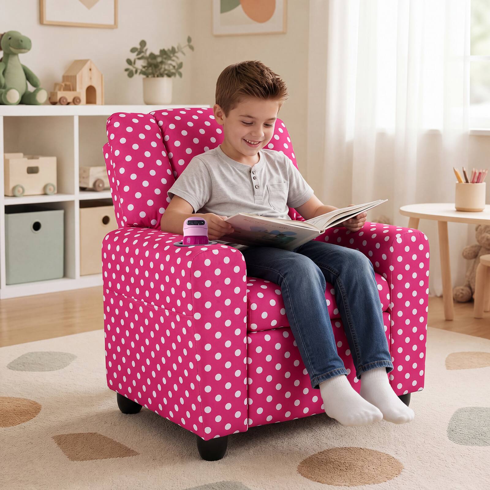 Alt View 3. Costway - Costway Kids Recliner with Cup Holder with Adjustable Backrest & Footrest for Boys & Girls - Pink+White.