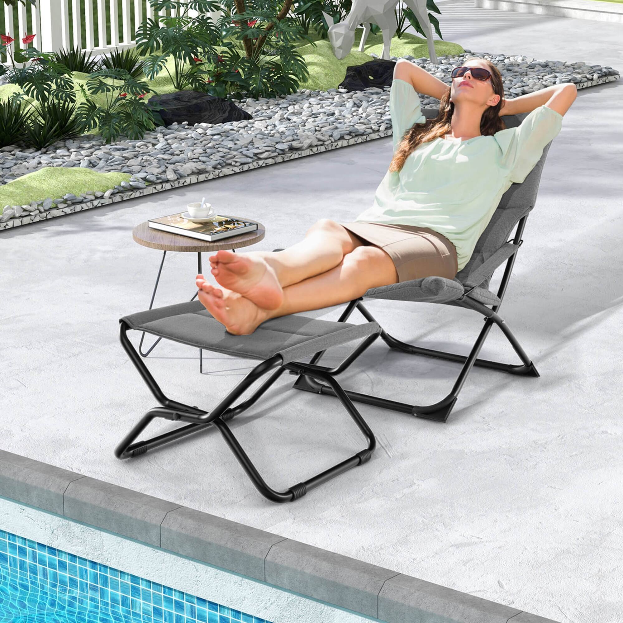 Angle. Costway - Patio Folding Sling Chair with Ottoman Footrest & Removable Cushion Ottoman Set - Grey.