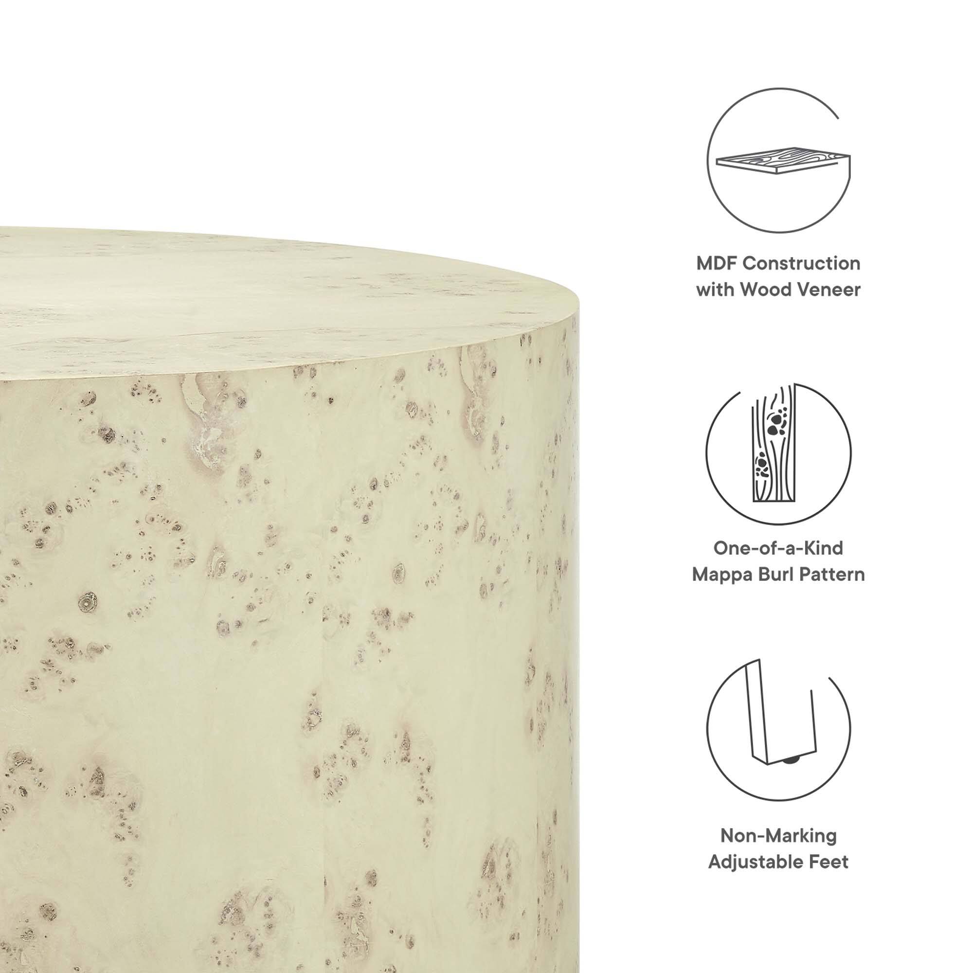 MDF Construction with Wood Veneer  
One-of-a-Kind Mappa Burl Pattern  
Non-Marking Adjustable Feet