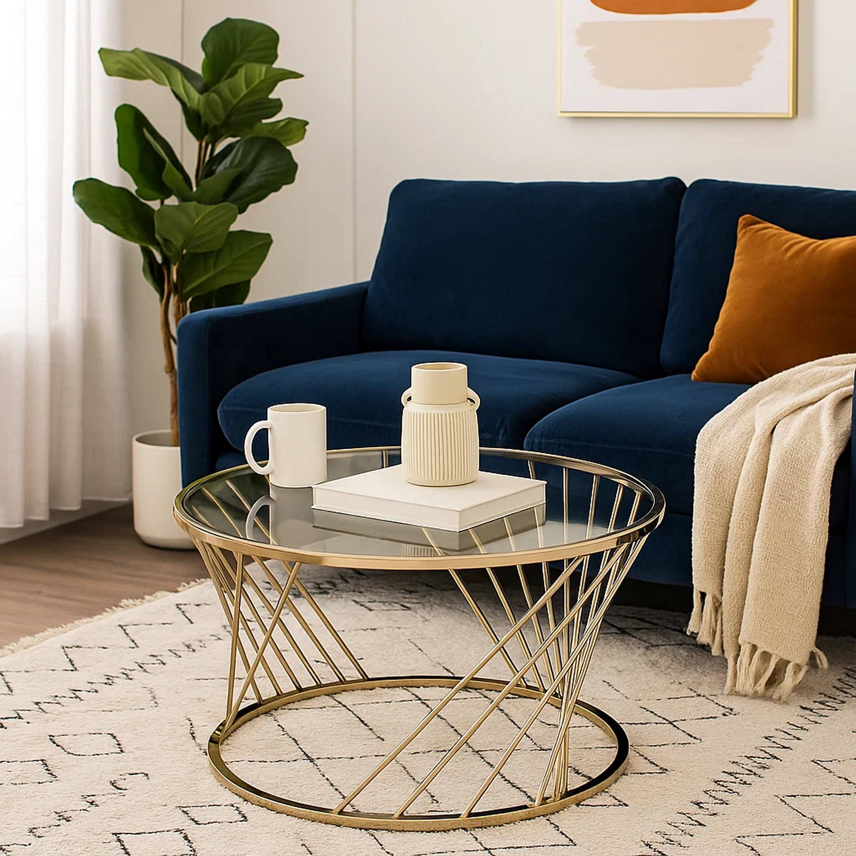 Alt View 5. Manhattan Lane - Contemporary Coffee Table with Twisted Metal Base and Round Glass Top - Gold and Clear.
