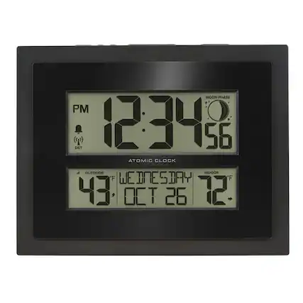 MOON PHASE
PM 12:34:56
DST
ATOMIC CLOCK
OUTDOOR 43°F
WEDNESDAY OCT 26
INDOOR 72°F
