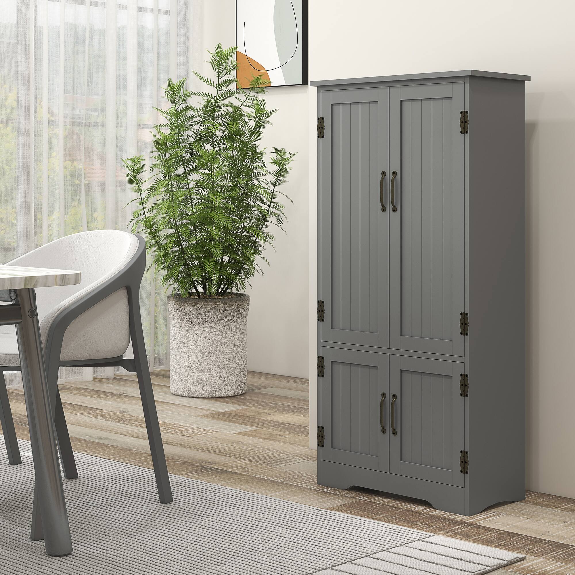 Alt View 1. Homcom - 48.5" Kitchen Pantry Cabinet with 2 Adjustable Shelves and 4 Beadboard Doors, Compact Farmhouse Kitchen Storage Cabinet - Grey.