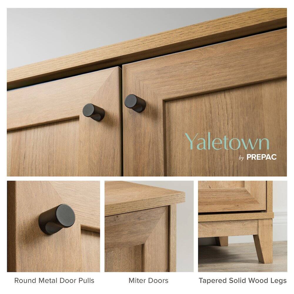 Yaletown by PREPAC

- Round Metal Door Pulls
- Miter Doors
- Tapered Solid Wood Legs