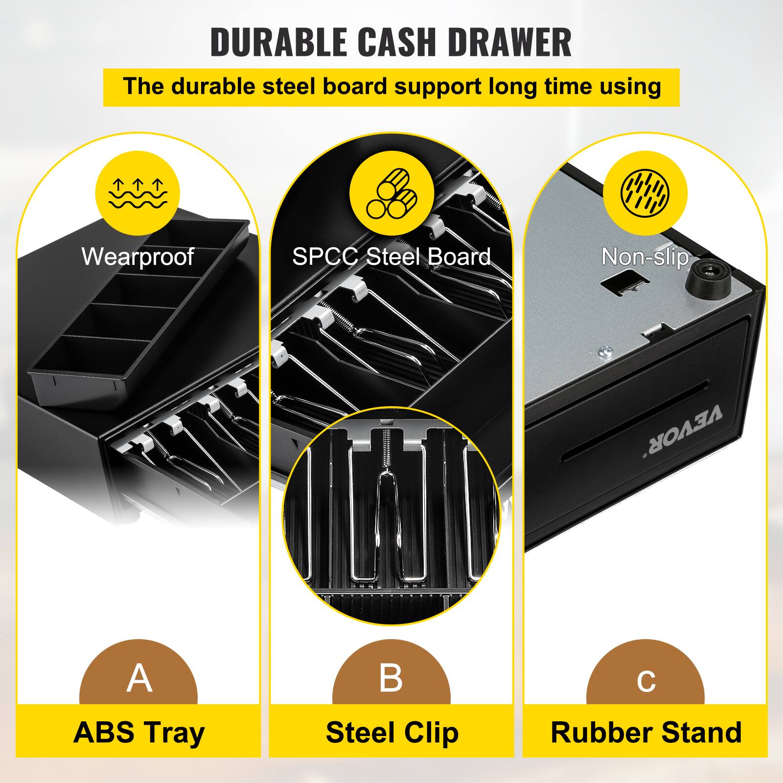 DURABLE CASH DRAWER

The durable steel board support long time using

A. ABS Tray

B. Steel Clip

C. Rubber Stand

- Wearproof
- SPC Steel Board
- Non-slip
